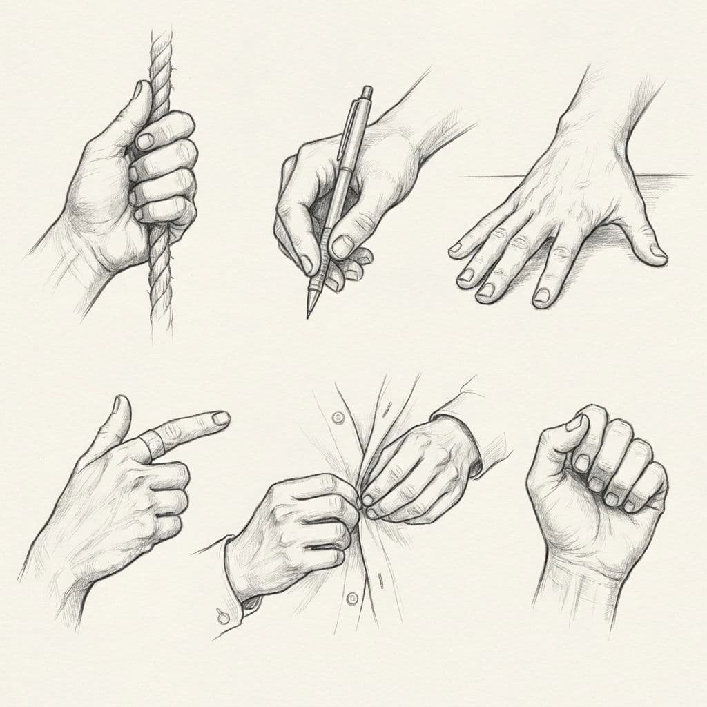 Hand study sheet showing one character's hands in several grips, generated with Nano Banana Pro