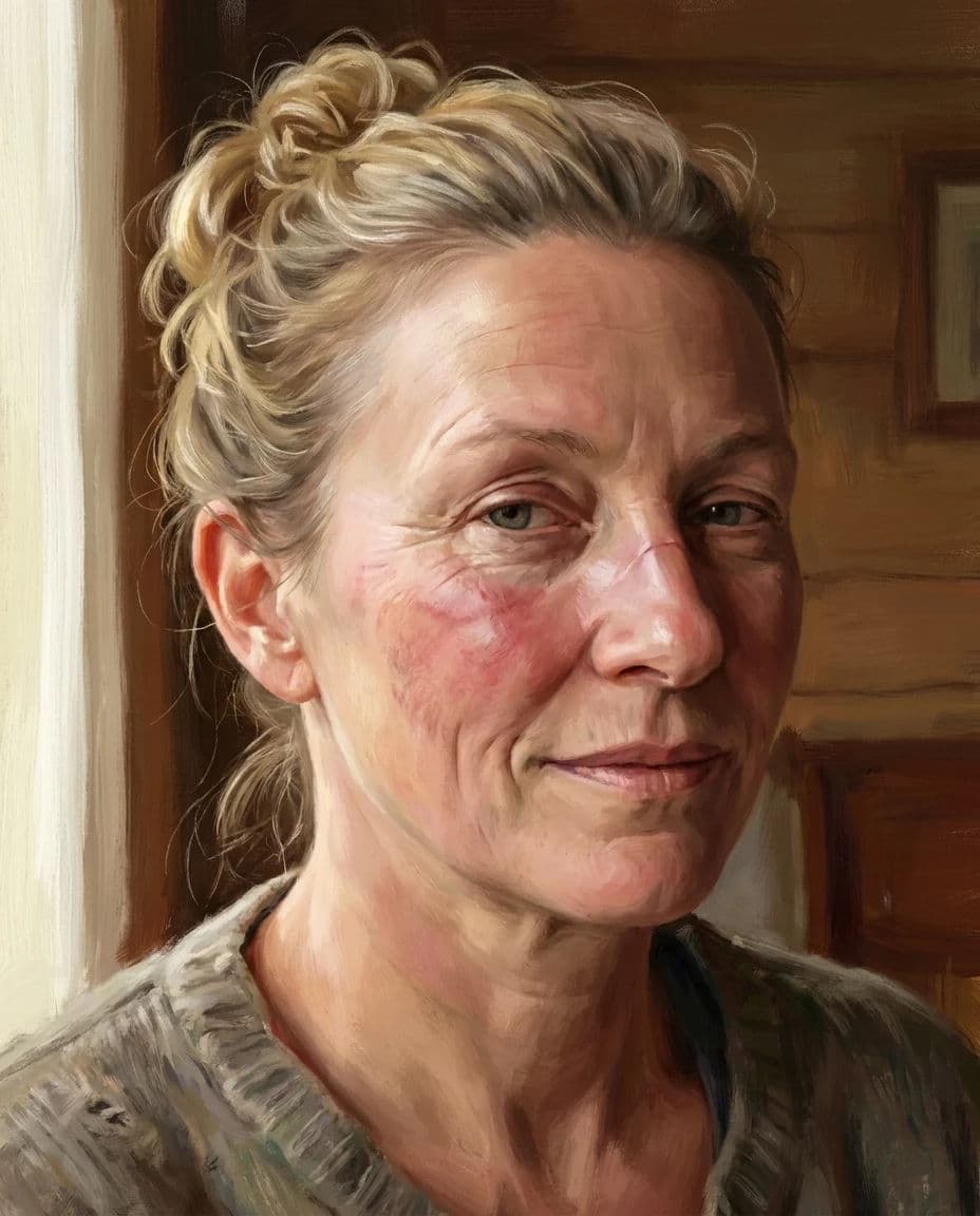 Character portrait built around asymmetry and specific facial history, generated with Nano Banana Pro