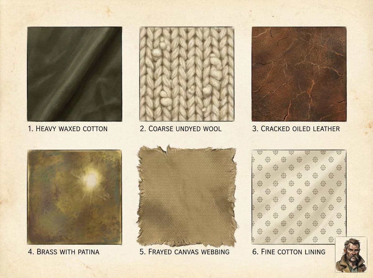 Material study sheet showing swatches of a character's fabrics and metals, generated with Nano Banana Pro