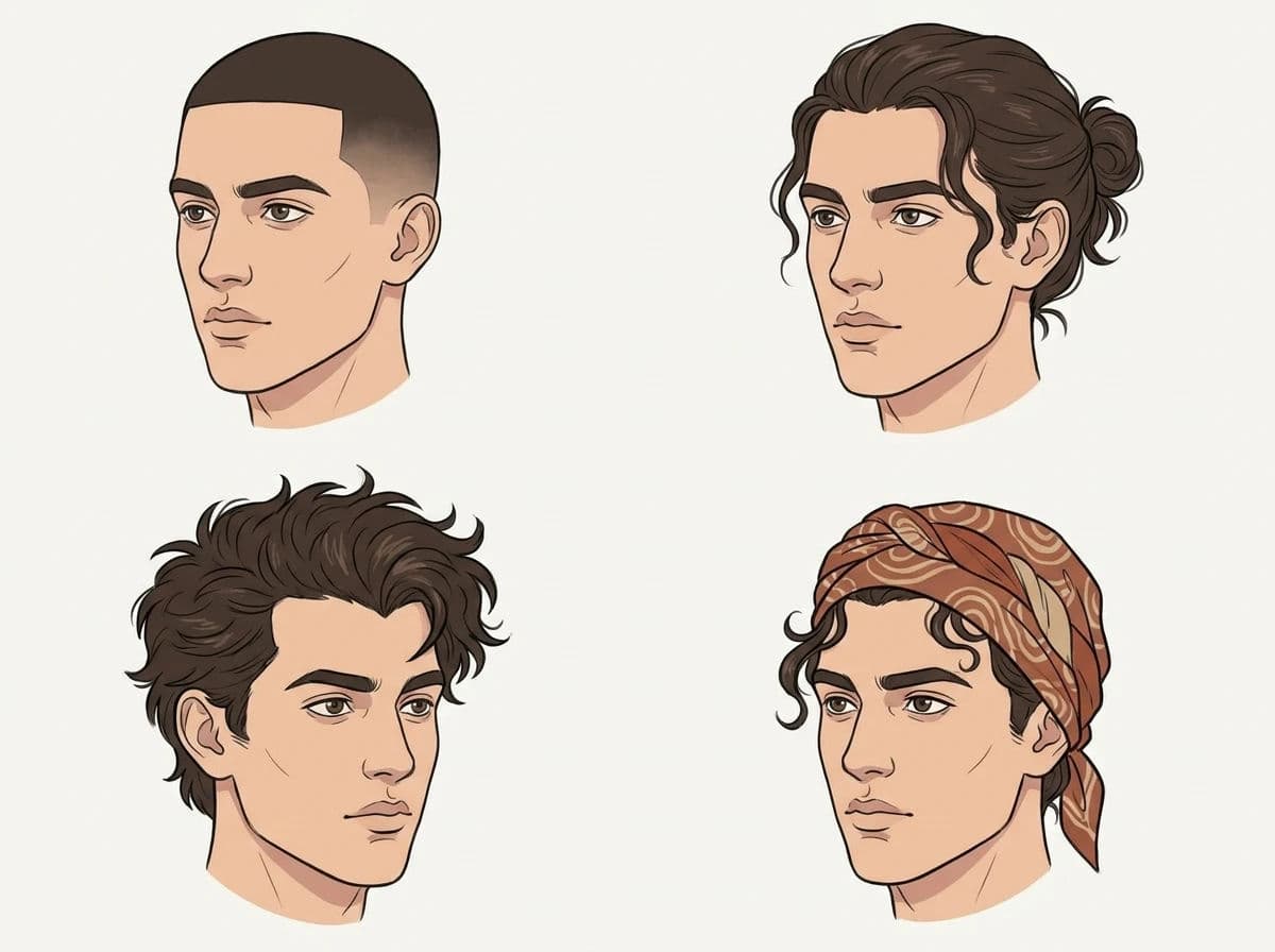 Four hairstyle options drawn on the same head at the same angle, generated with Nano Banana Pro