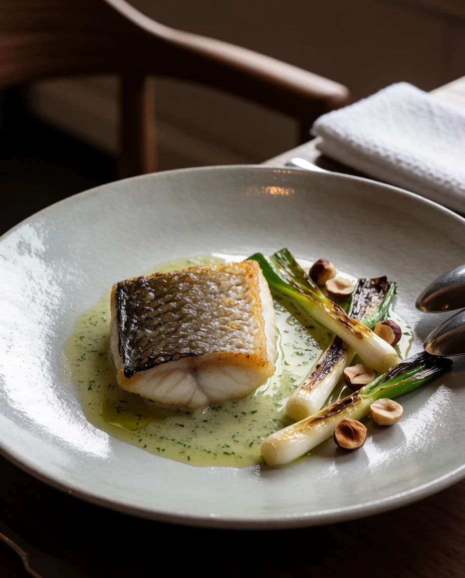 Plated fish dish photographed at a low diner's angle with soft side light, generated with Krea 2 Medium