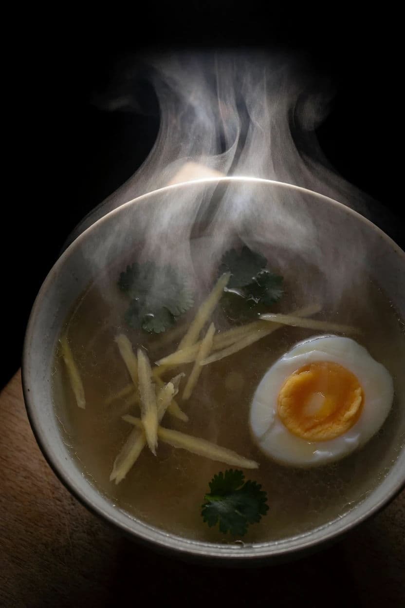Steam rising from a bowl of broth backlit against a dark background, generated with Krea 2 Medium