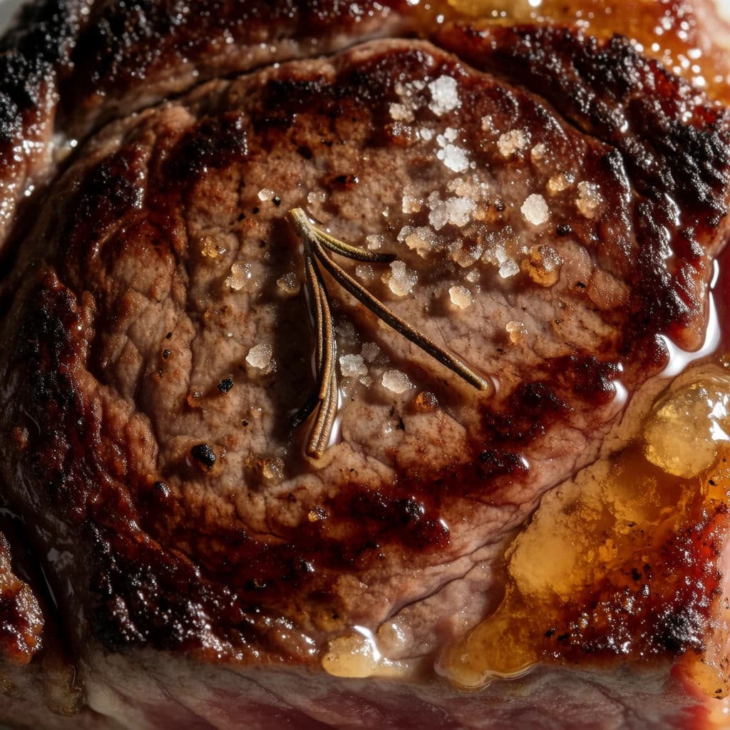 Macro of a seared steak crust showing the browning gradient and rendered fat, generated with Krea 2 Medium