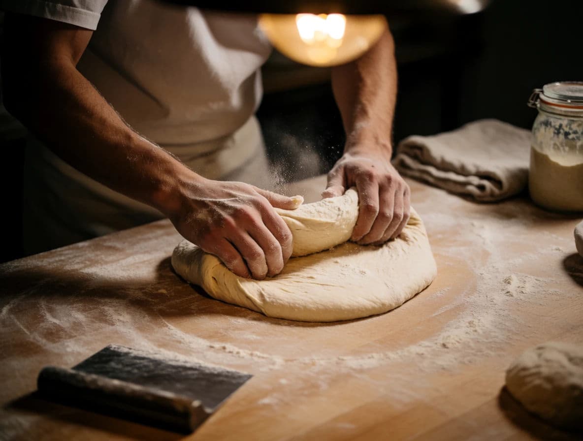 Baker's hands folding dough on a floured bench with flour dust in the air, generated with Krea 2 Medium
