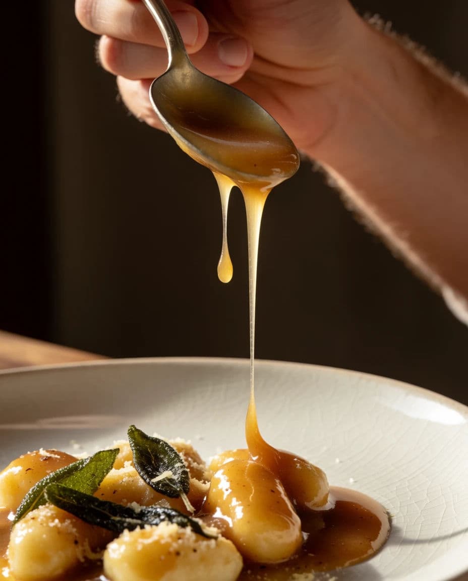 Sauce being spooned over a dish and caught mid-fall, generated with Krea 2 Medium