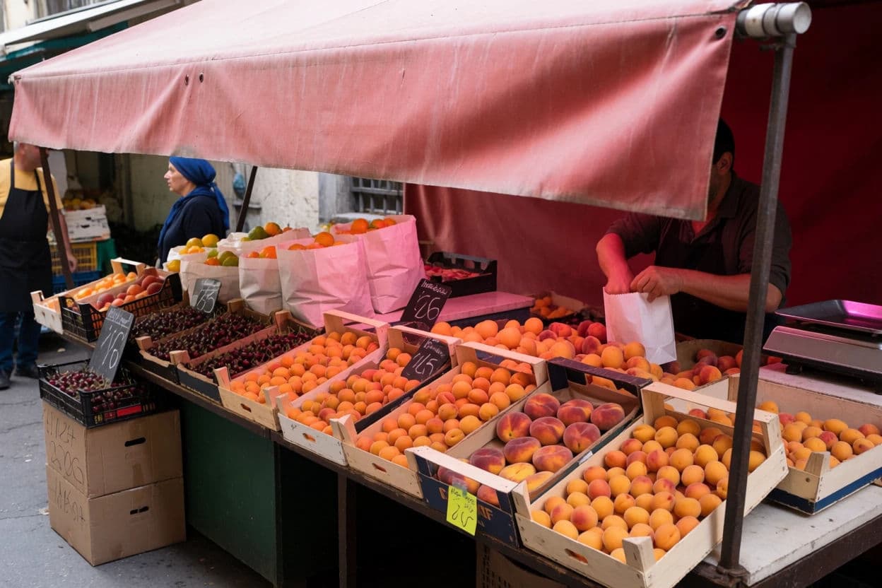Market stall of fruit under a canvas awning with colour-shifted shade, generated with Krea 2 Medium