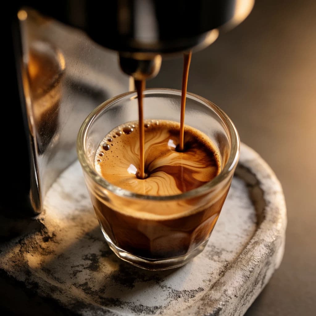 Espresso extraction with crema forming in a glass cup, generated with Krea 2 Medium