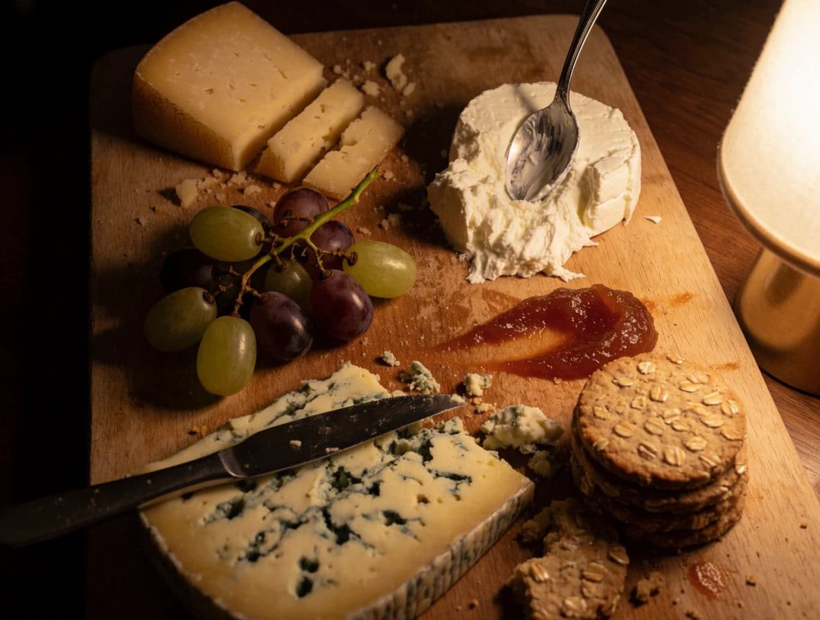 Cheese board photographed after service with cut marks and crumbs left in place, generated with Krea 2 Medium
