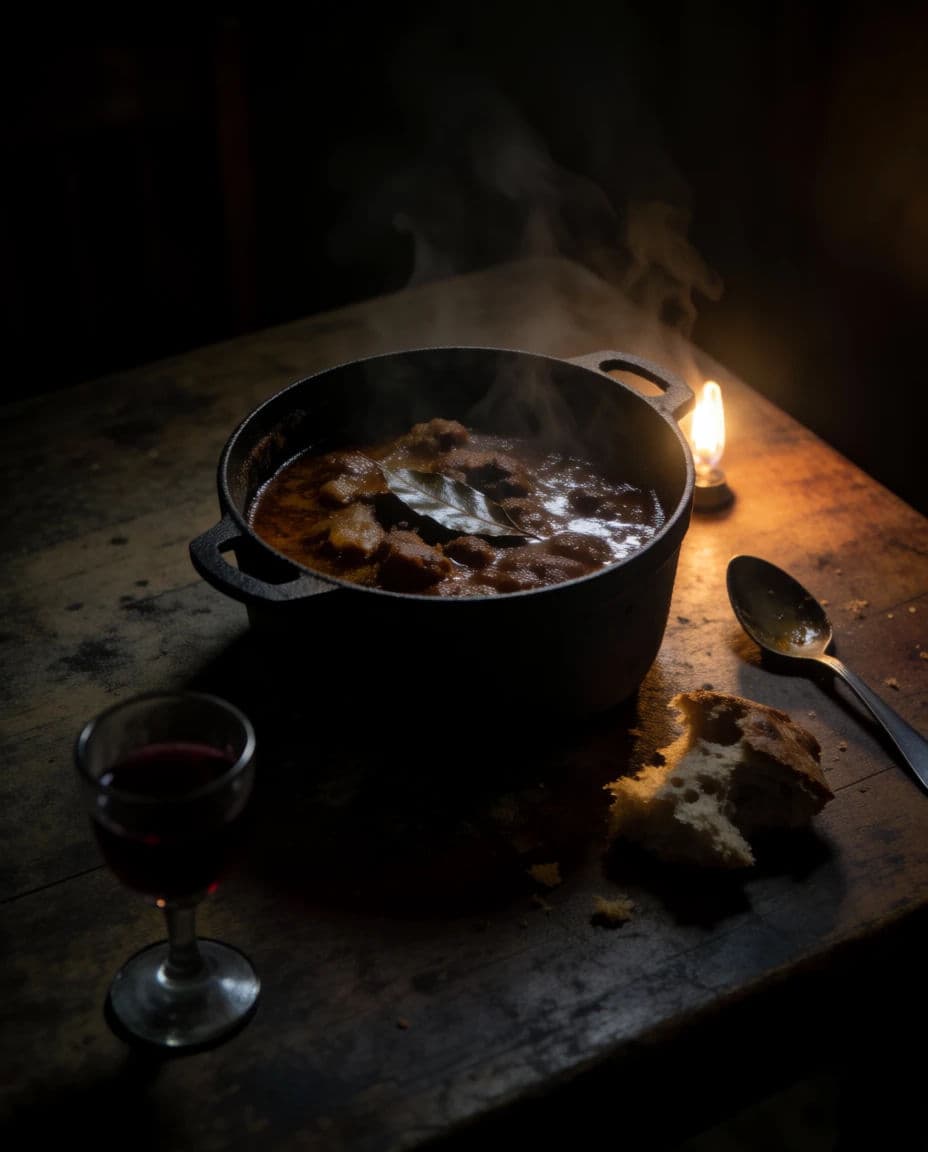 Dark rustic stew lit by a single warm lamp with deep falloff, generated with Krea 2 Medium