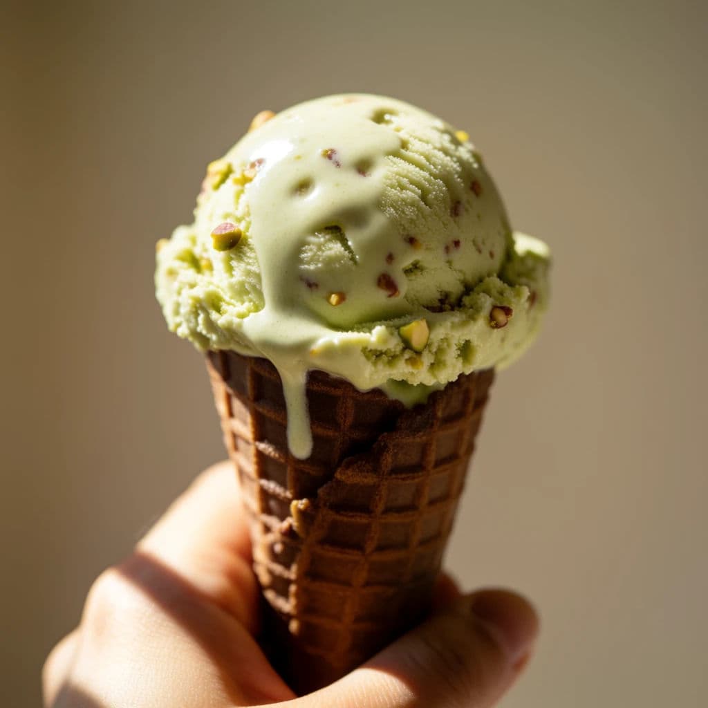 Ice cream scoop beginning to melt with a run down the cone, generated with Krea 2 Medium