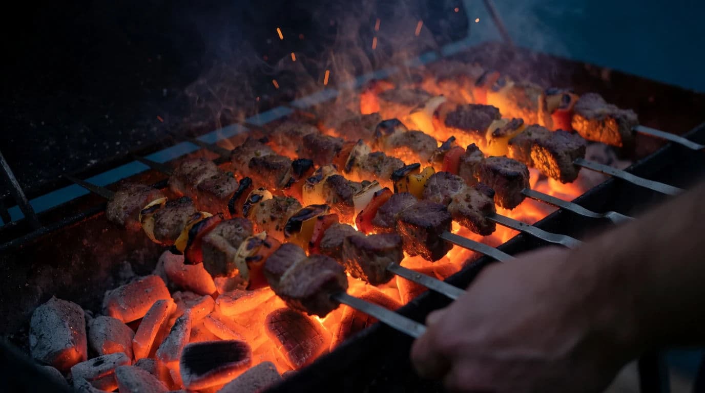 Charcoal grill with glowing coals lighting the food from below, generated with Krea 2 Medium