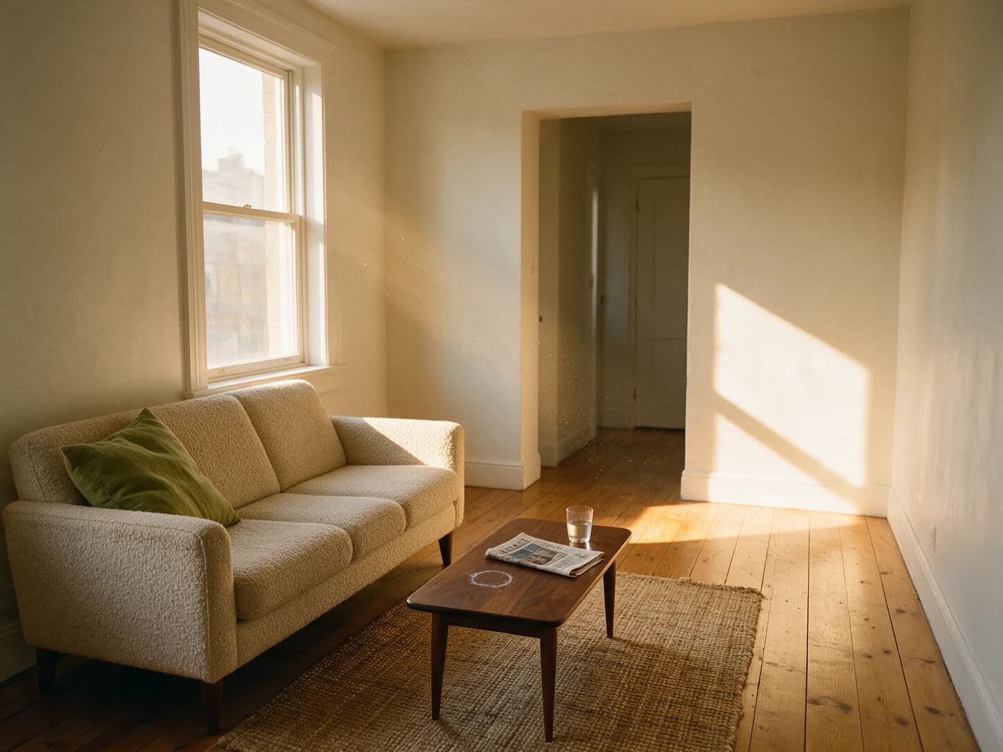 Sunlit living room in a small city flat with a low sofa and afternoon light from a west window, generated with Seedream 5.0 Pro