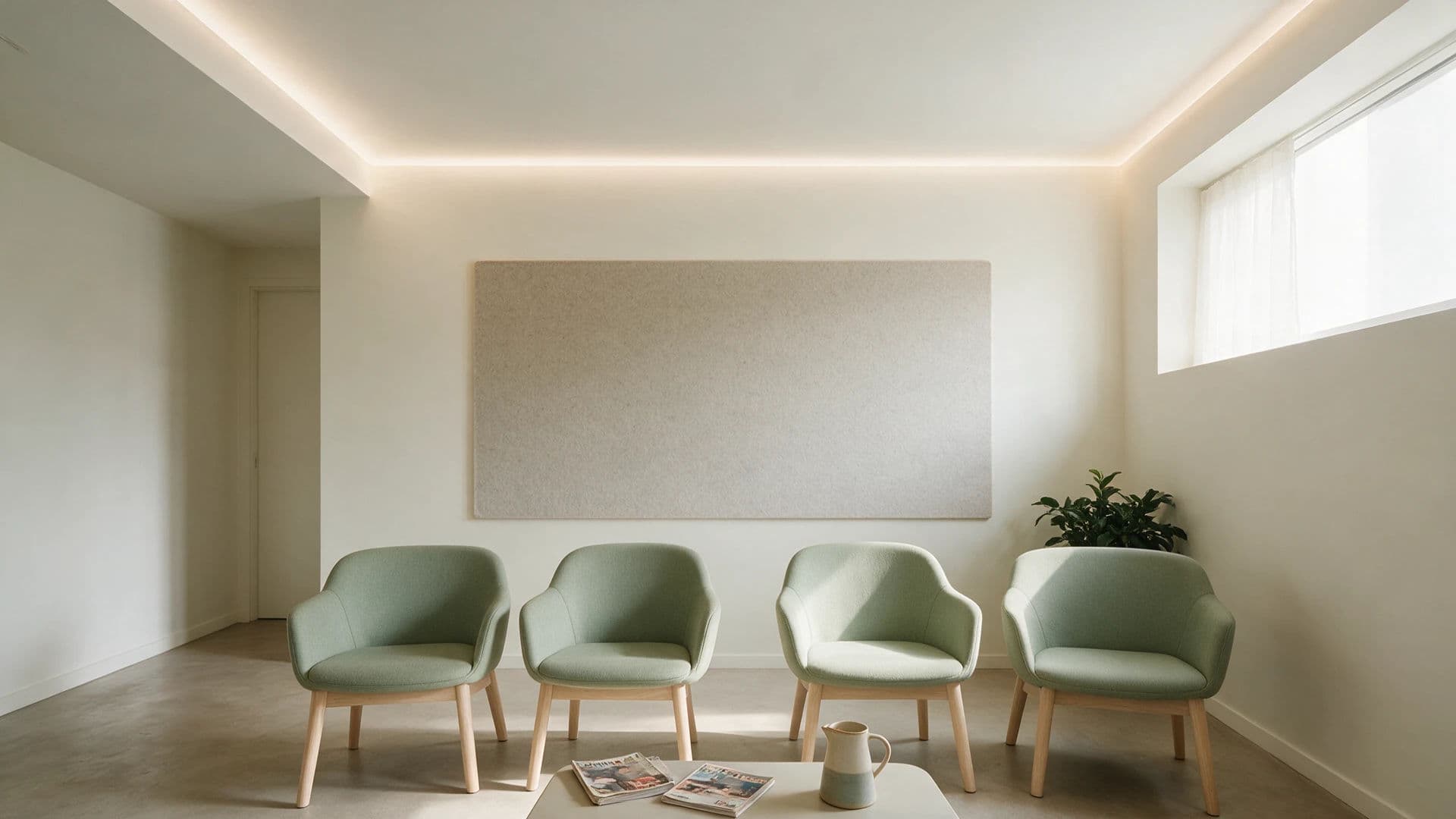 Dental clinic waiting room photographed from seated height with soft cove lighting, generated with Seedream 5.0 Pro