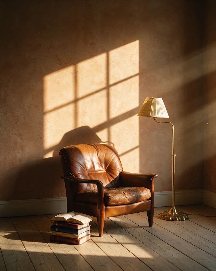Reading corner with a leather armchair and a hard-edged window shadow across the wall, generated with Seedream 5.0 Pro