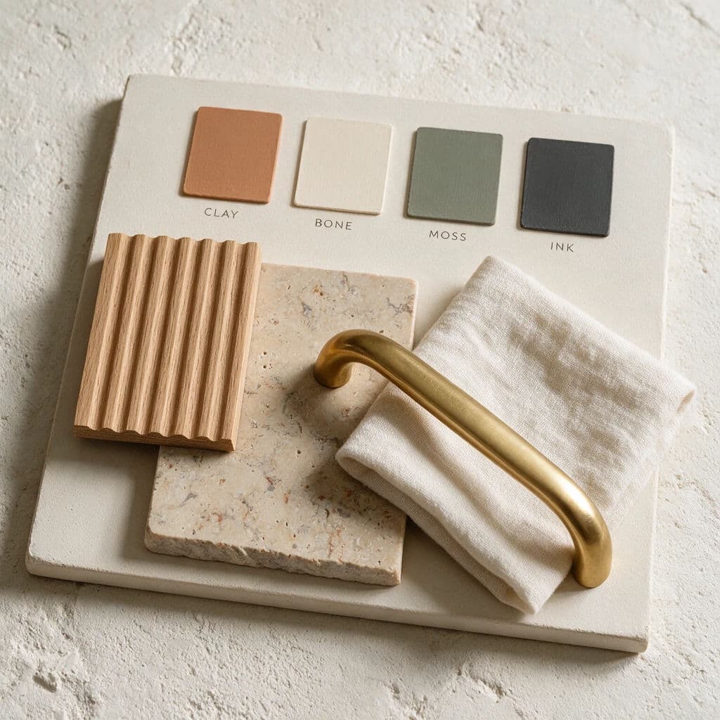 Flat-lay finish board with paint chips, stone and timber samples on a plaster surface, generated with Seedream 5.0 Pro