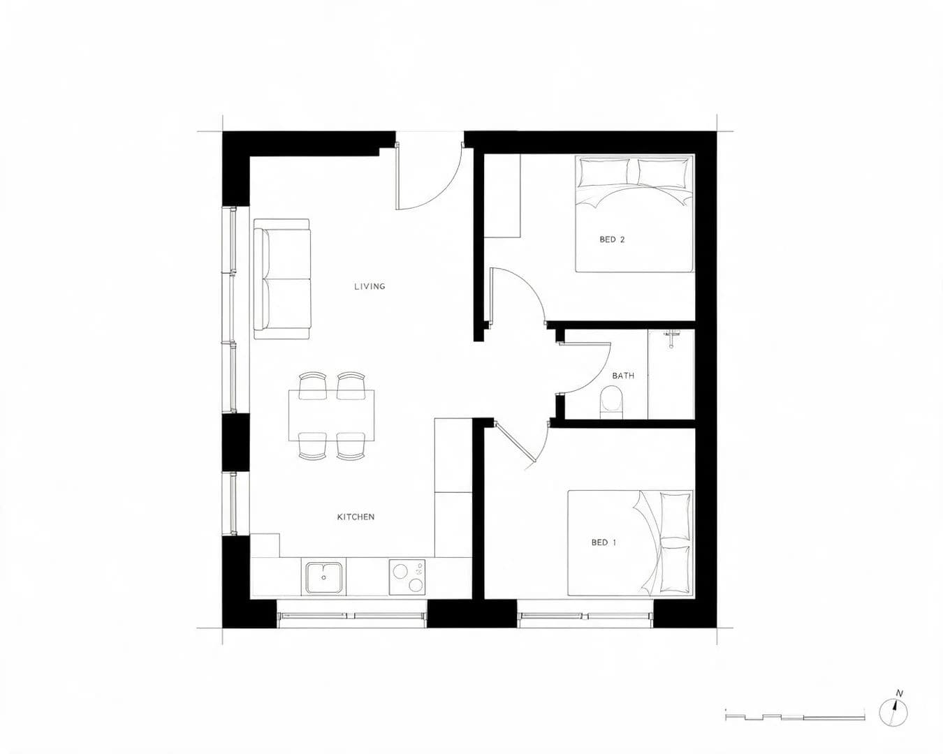 Measured floor plan of a two-bedroom flat with filled walls, door swings and furniture in outline, generated with Seedream 5.0 Pro