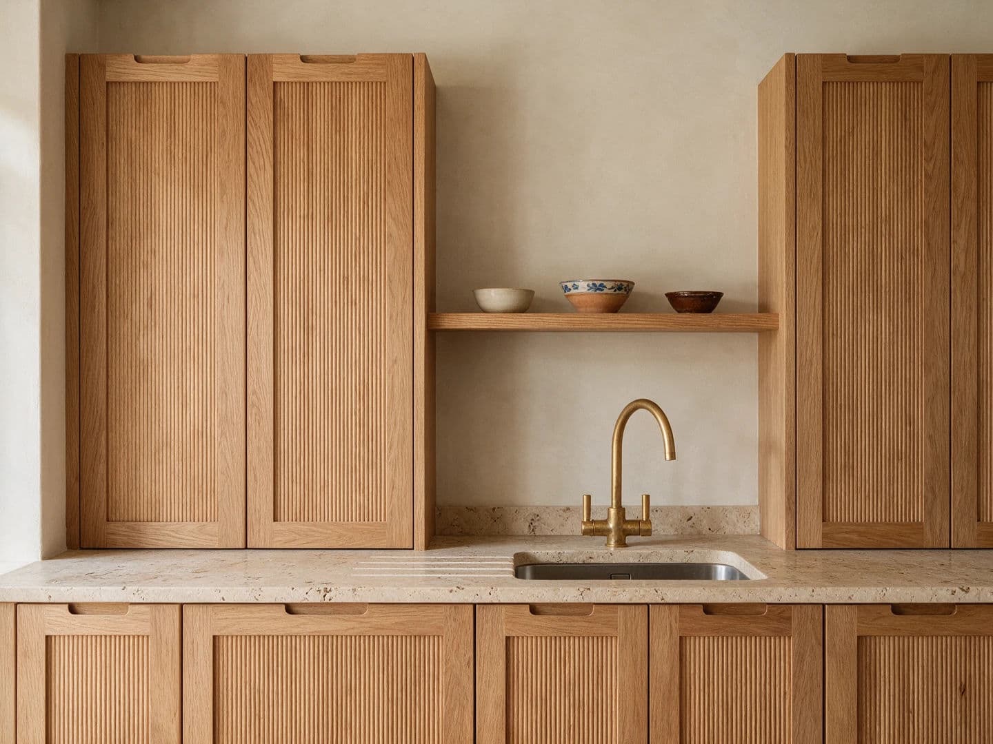 Kitchen joinery run in fluted oak with finger pulls and an unlacquered brass tap, generated with Seedream 5.0 Pro