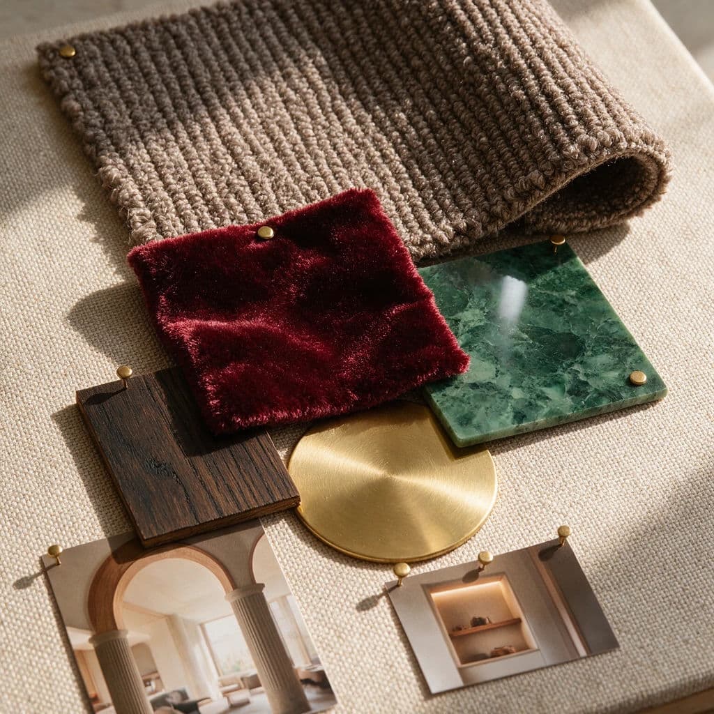 Physical moodboard for a hotel lobby with pinned fabric, timber and a stone tile, generated with Seedream 5.0 Pro