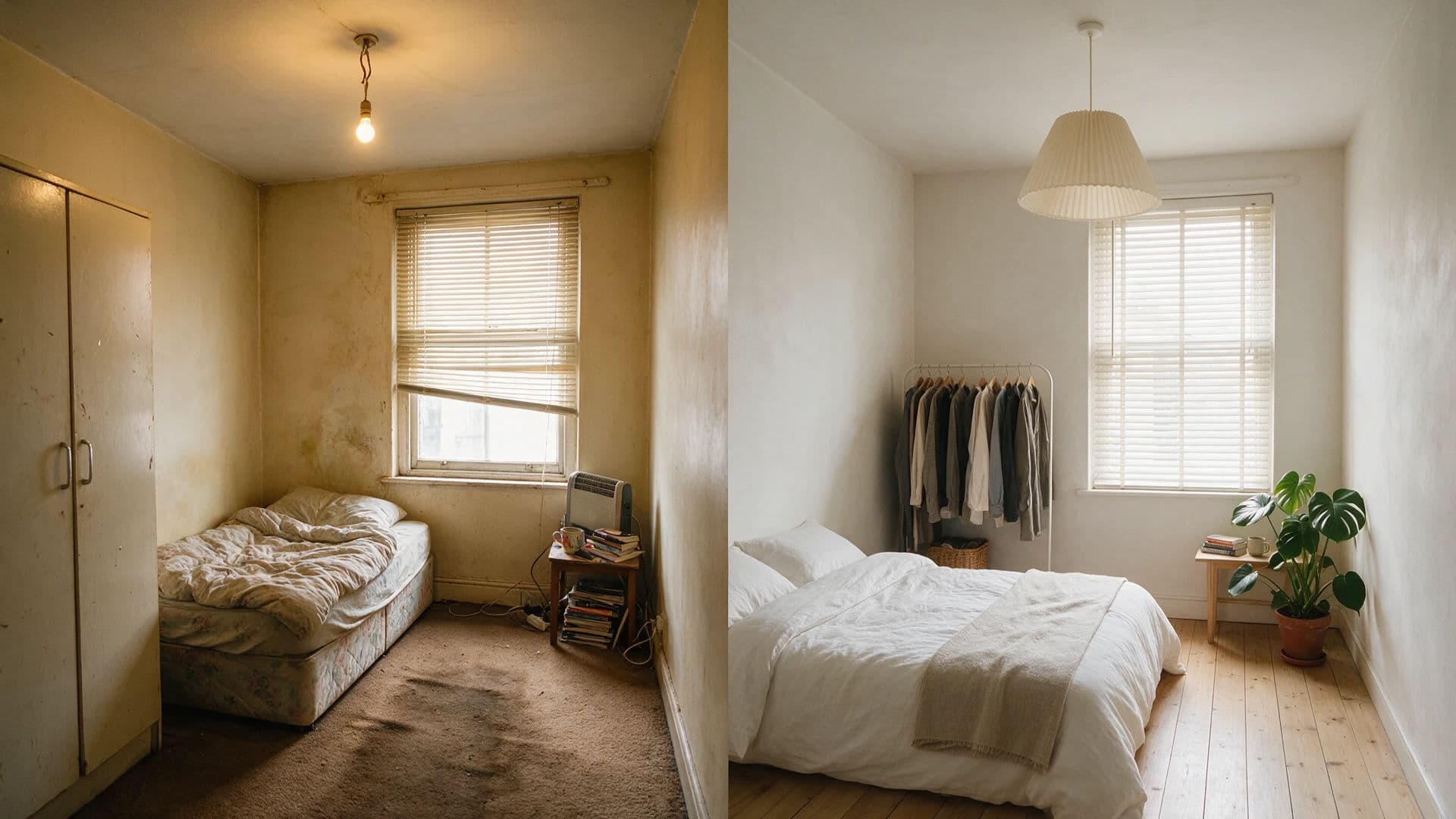 Before and after diptych of a rented studio flat with a hard vertical seam, generated with Seedream 5.0 Pro