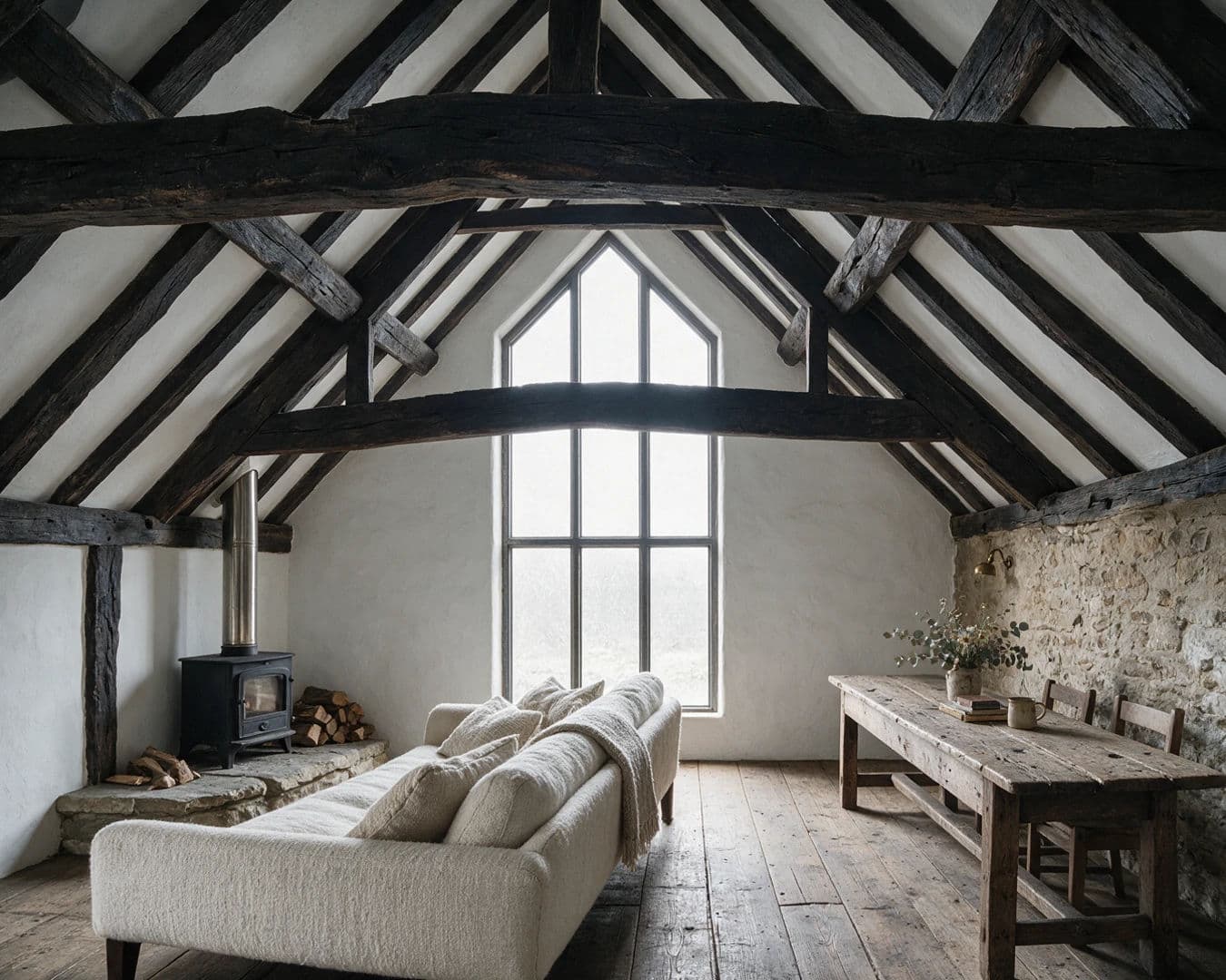 Barn conversion living space with exposed trusses and the full ceiling in frame, generated with Seedream 5.0 Pro