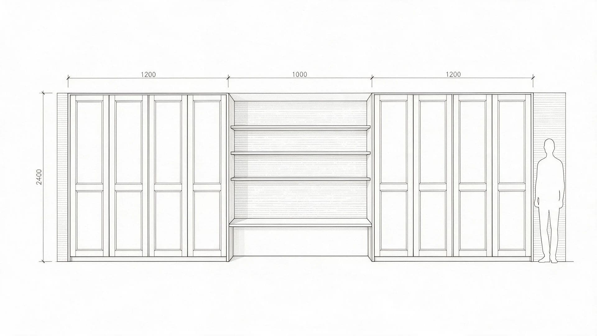 Interior elevation drawing of a built-in wall with dimension lines and a scale figure, generated with Seedream 5.0 Pro
