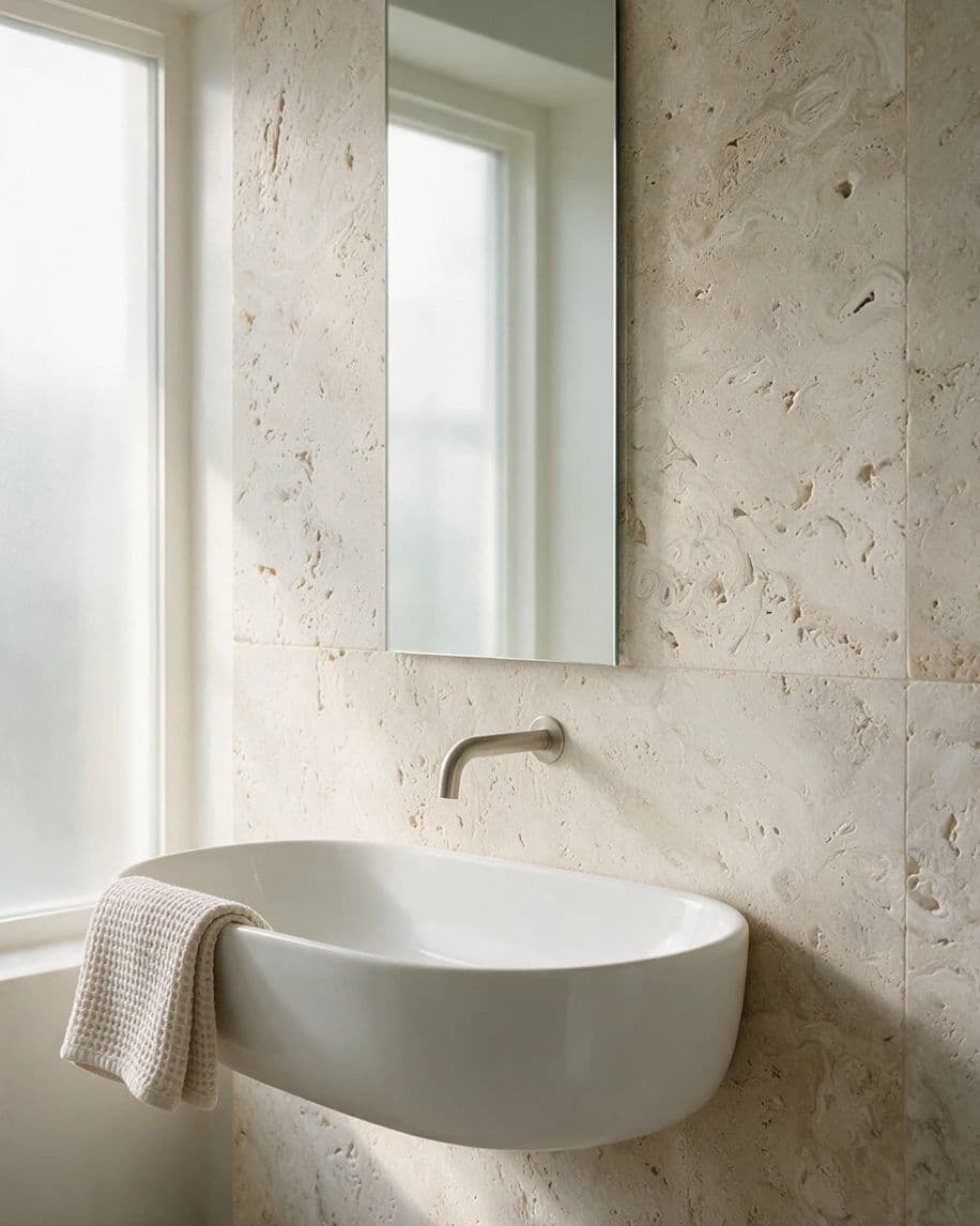 Bathroom detail where a single travertine slab carries the image and everything else recedes, generated with Seedream 5.0 Pro