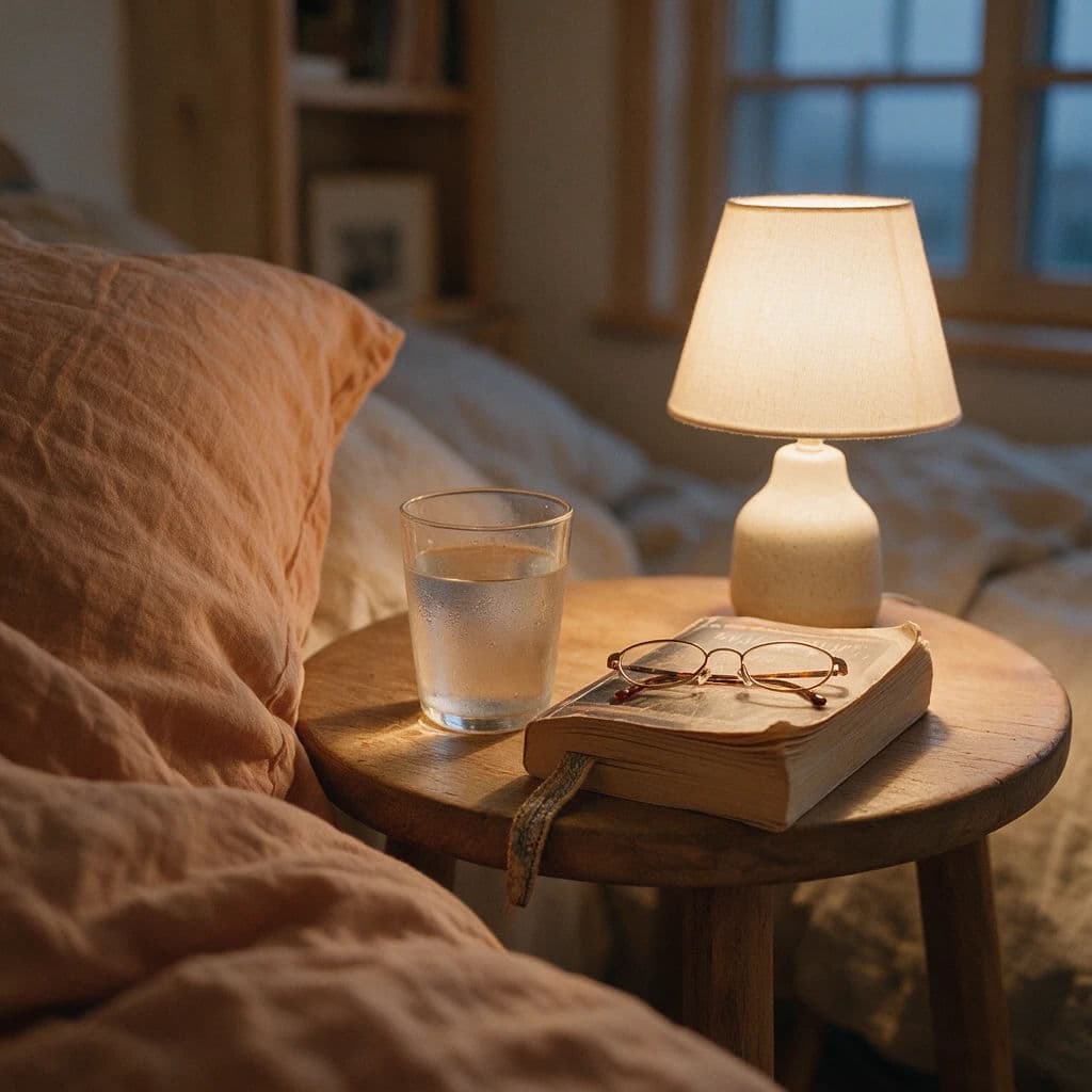 Bedside vignette with an unmade bed edge, a used glass and a bookmarked paperback, generated with Seedream 5.0 Pro