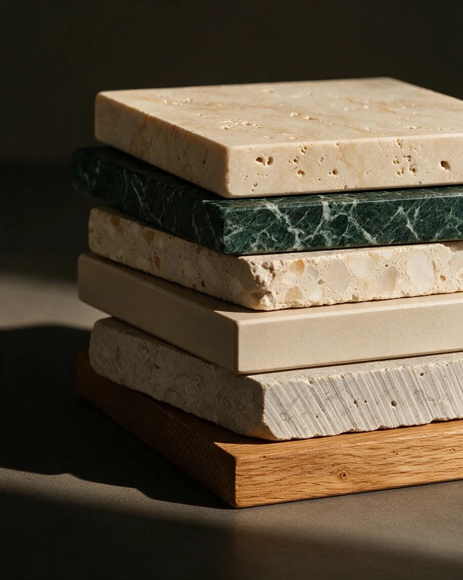 Stack of stone and terrazzo samples raked by low light to reveal their texture, generated with Seedream 5.0 Pro
