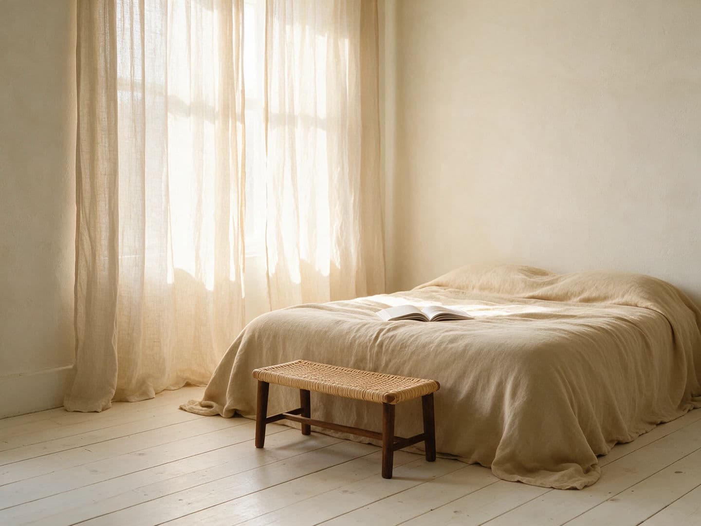 Bedroom with sheer curtains diffusing midday sun into a soft even wash, generated with Seedream 5.0 Pro