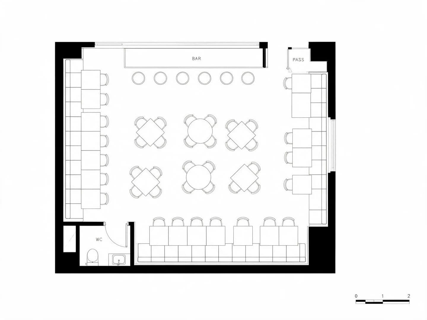 Restaurant seating plan drawn with outline furniture, banquettes and short room labels, generated with Seedream 5.0 Pro