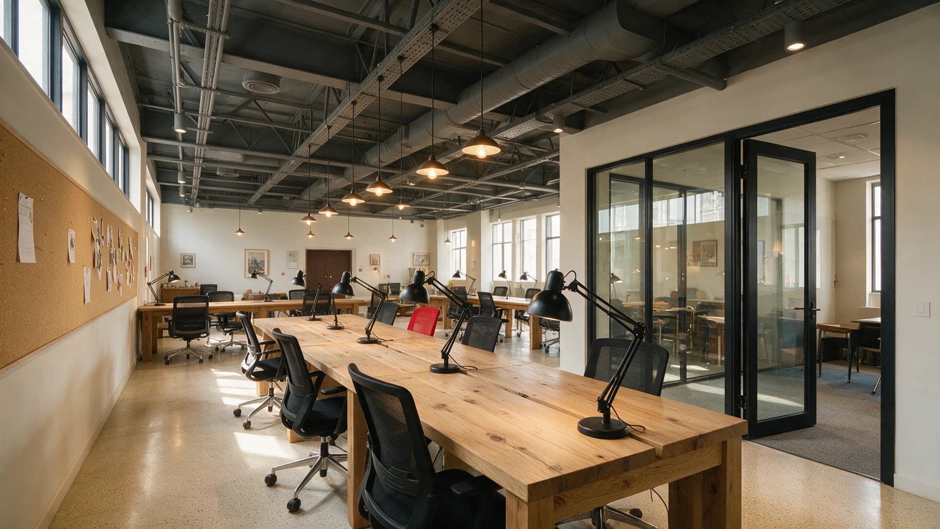 Coworking space photographed in two-point perspective with parallel verticals, generated with Seedream 5.0 Pro