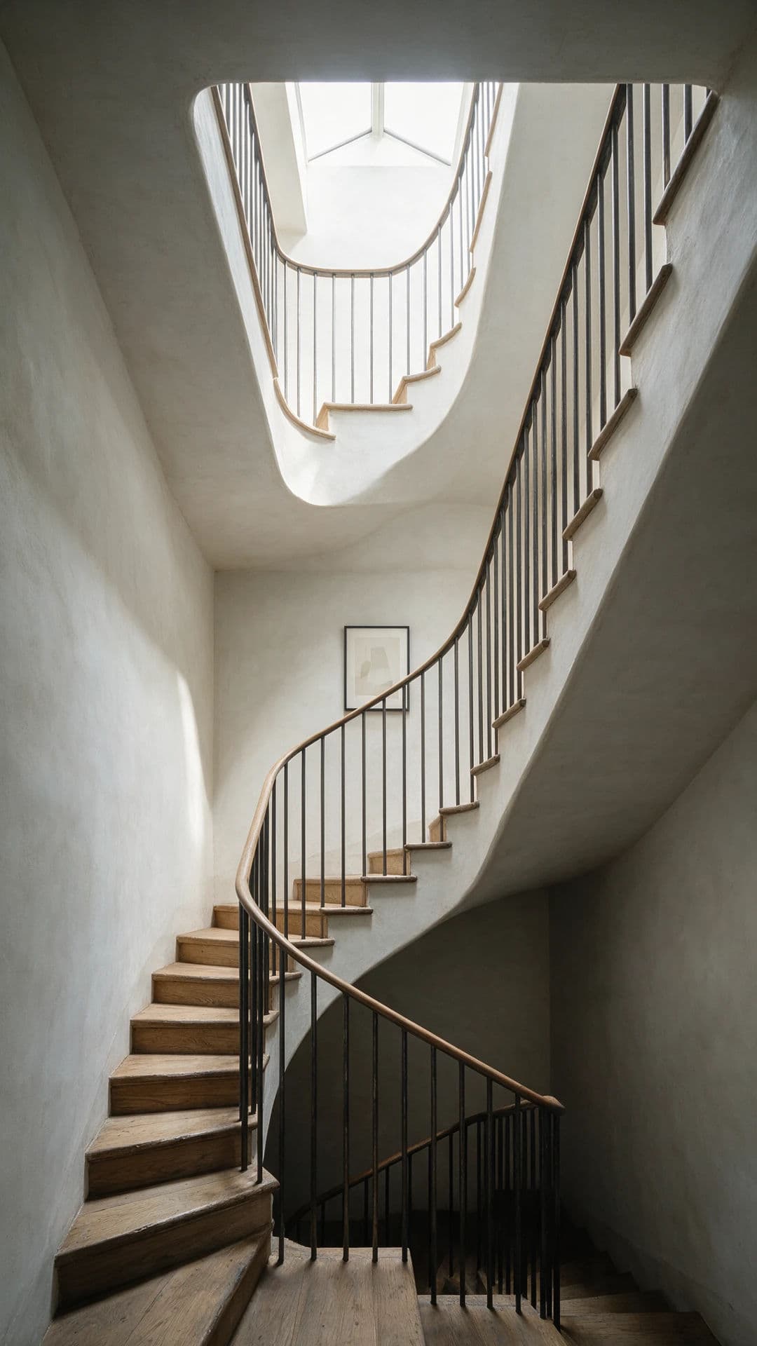 Tall stair void photographed vertically with light falling from a rooflight above, generated with Seedream 5.0 Pro