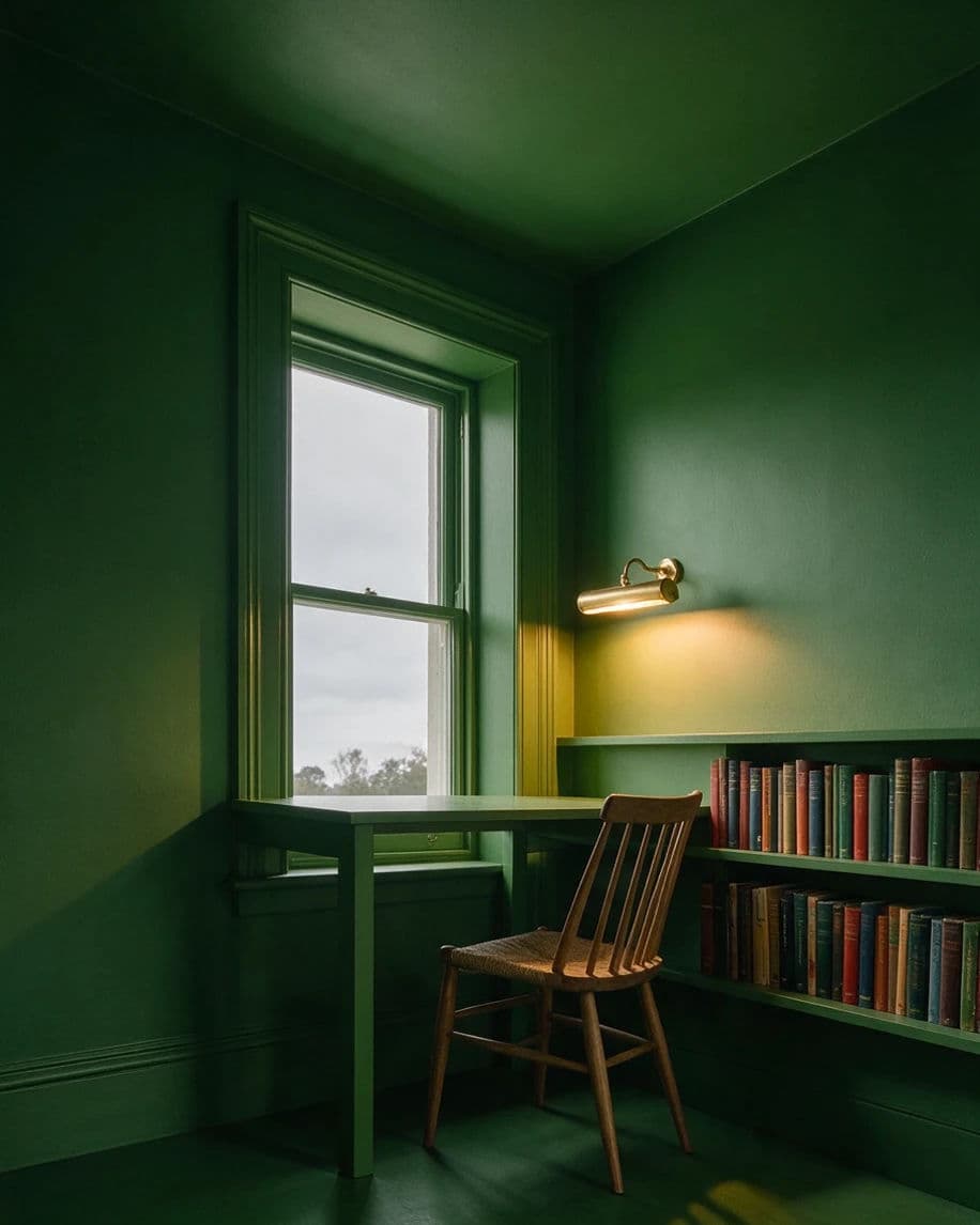 Colour-drenched study where walls, ceiling and joinery all share one deep green, generated with Seedream 5.0 Pro