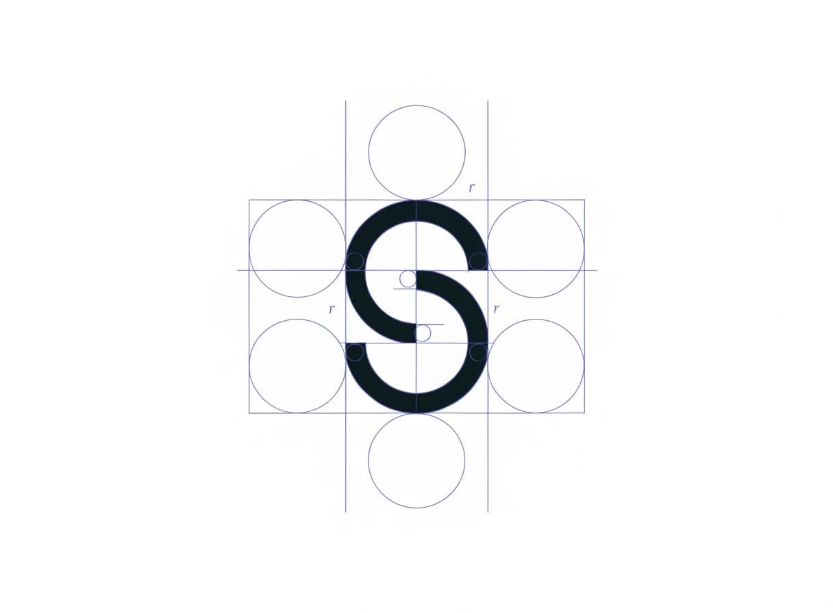 Logo construction sheet with a circle grid, radii and alignment guides, generated with Recraft