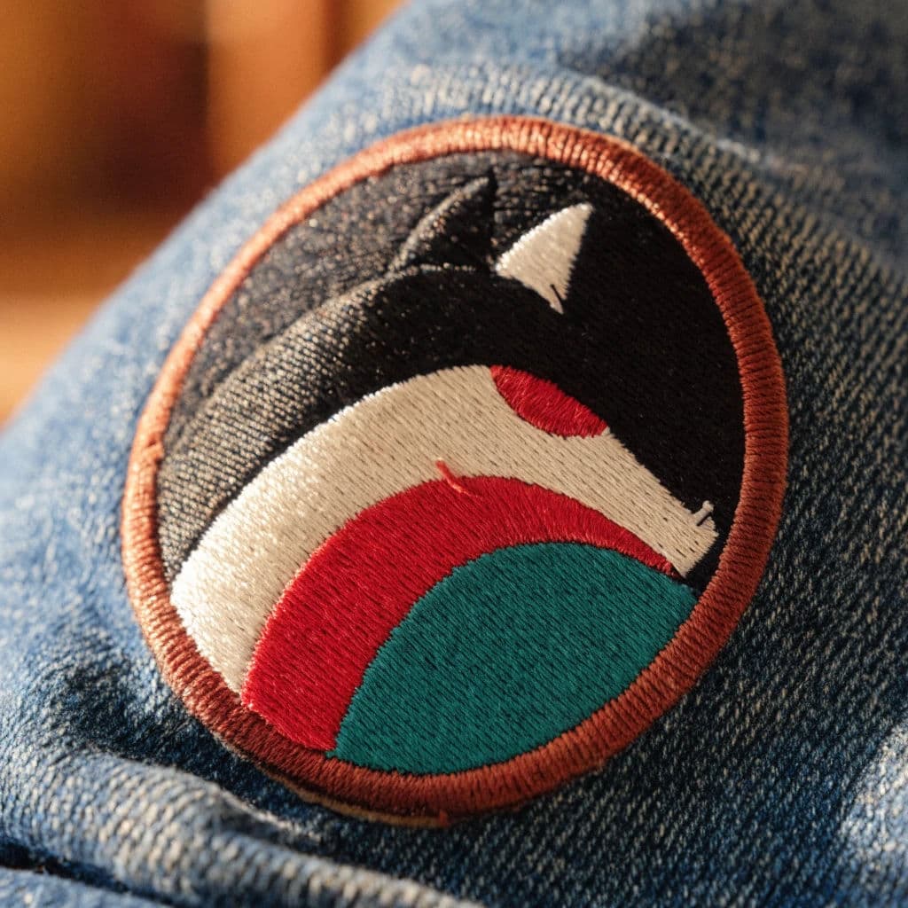 Embroidered logo patch with satin stitch and a merrowed border, generated with Recraft