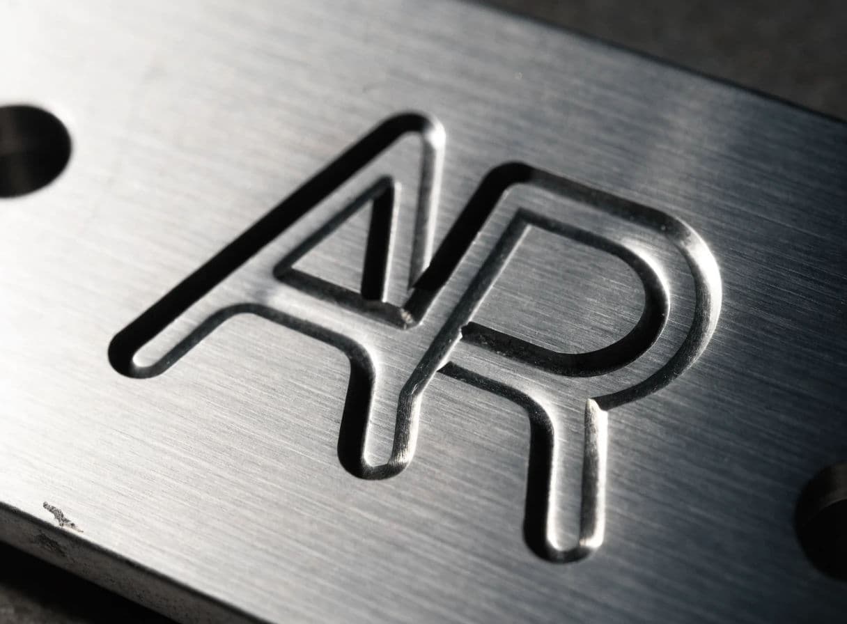 Logo engraved into a brushed steel plate with a low raking light, generated with Recraft
