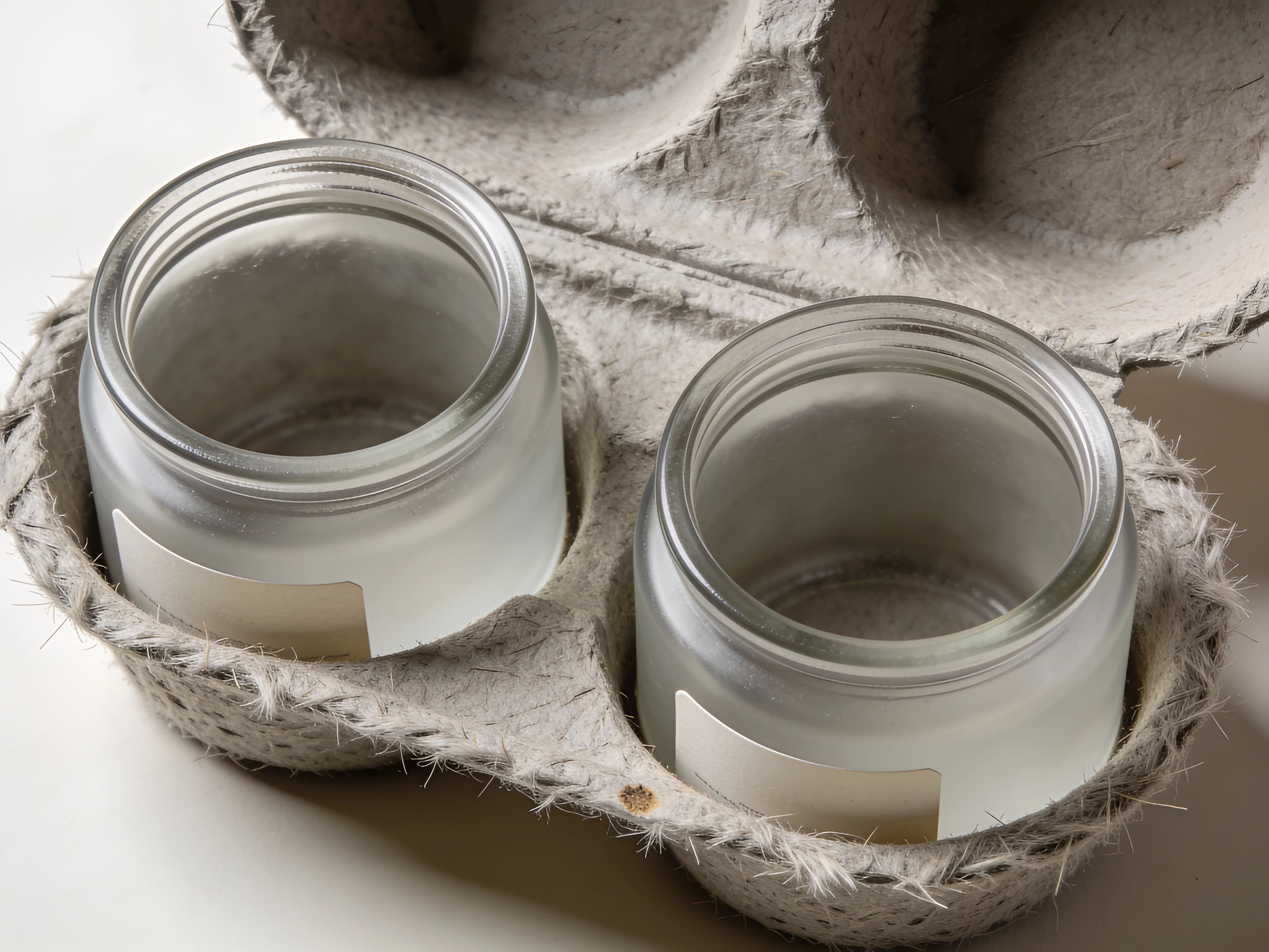 Moulded pulp tray with soft edges holding two jars in formed recesses, generated with Seedream 4.5