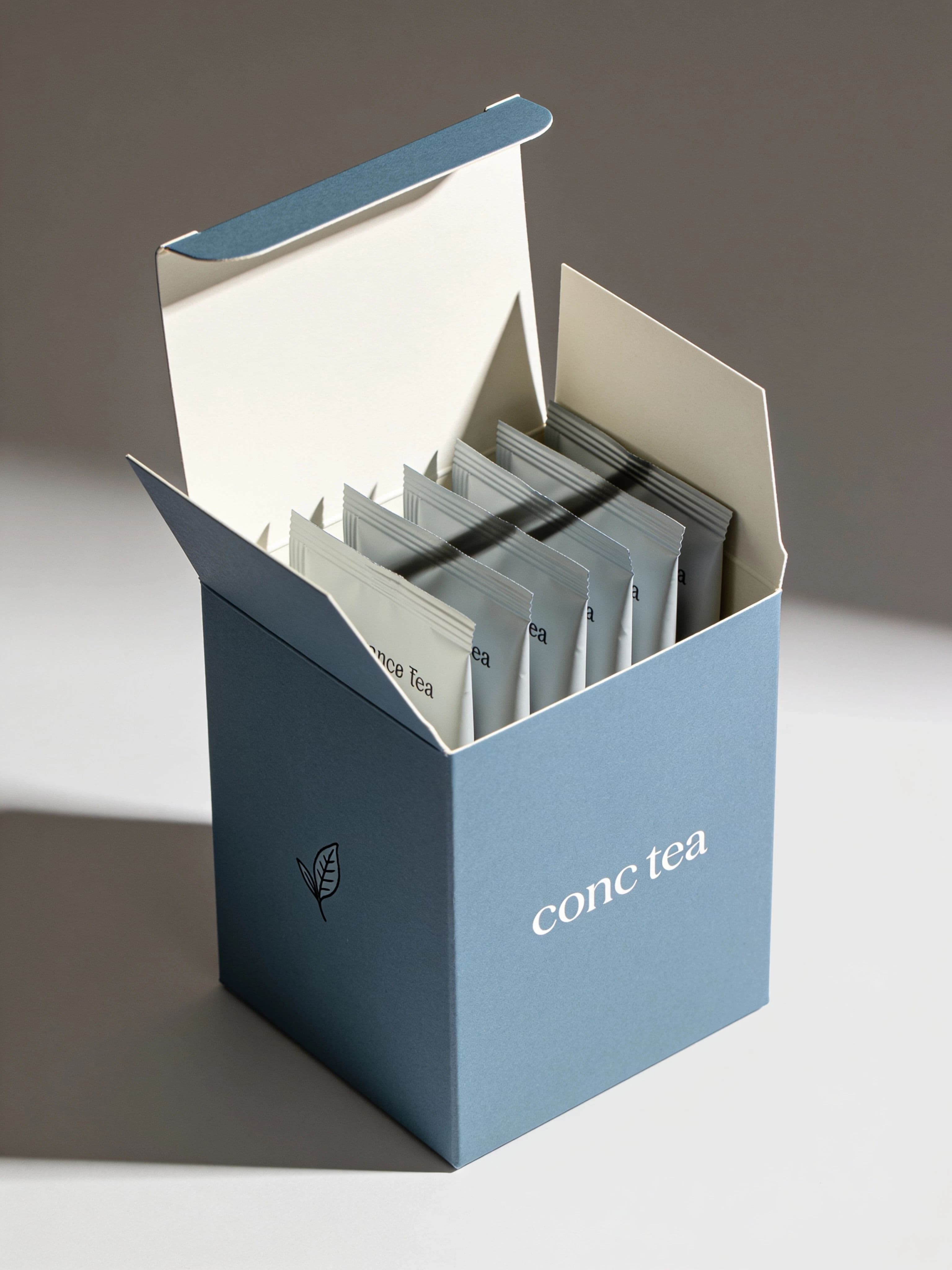 Tea box opened at the top to reveal wrapped sachets standing inside, generated with Seedream 4.5