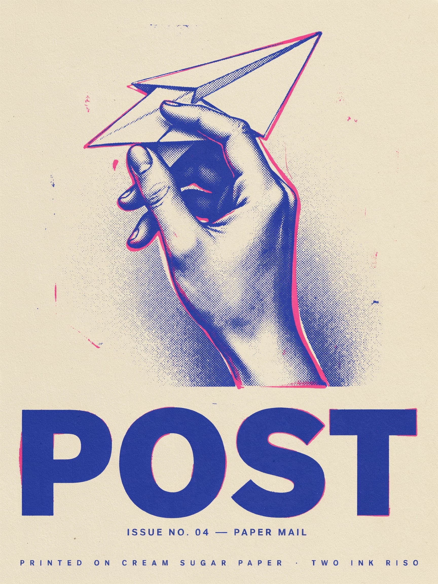Risograph poster with visible misregistration between fluorescent pink and blue layers, generated with Ideogram 4.0