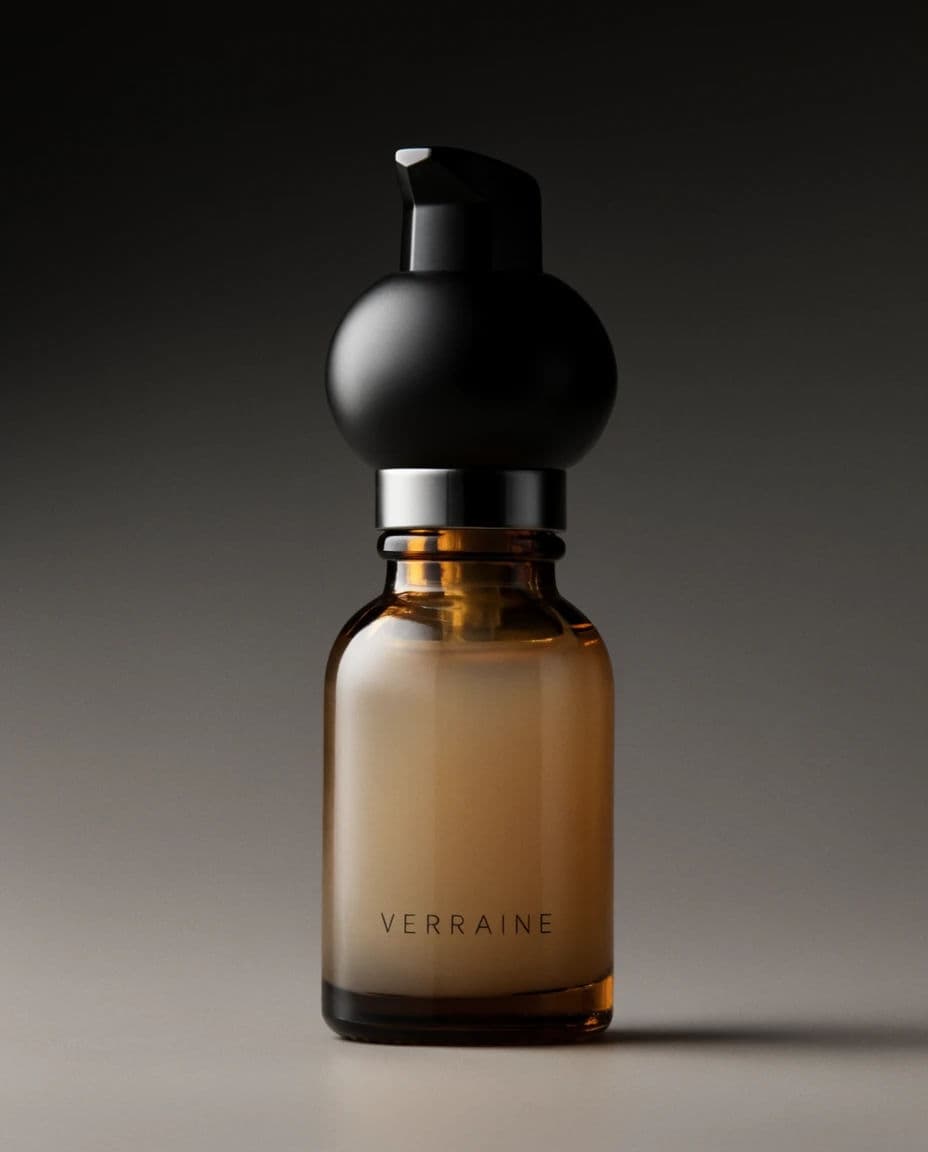 Amber serum bottle on a warm grey sweep with a controlled background gradient, generated with Krea 2 Large