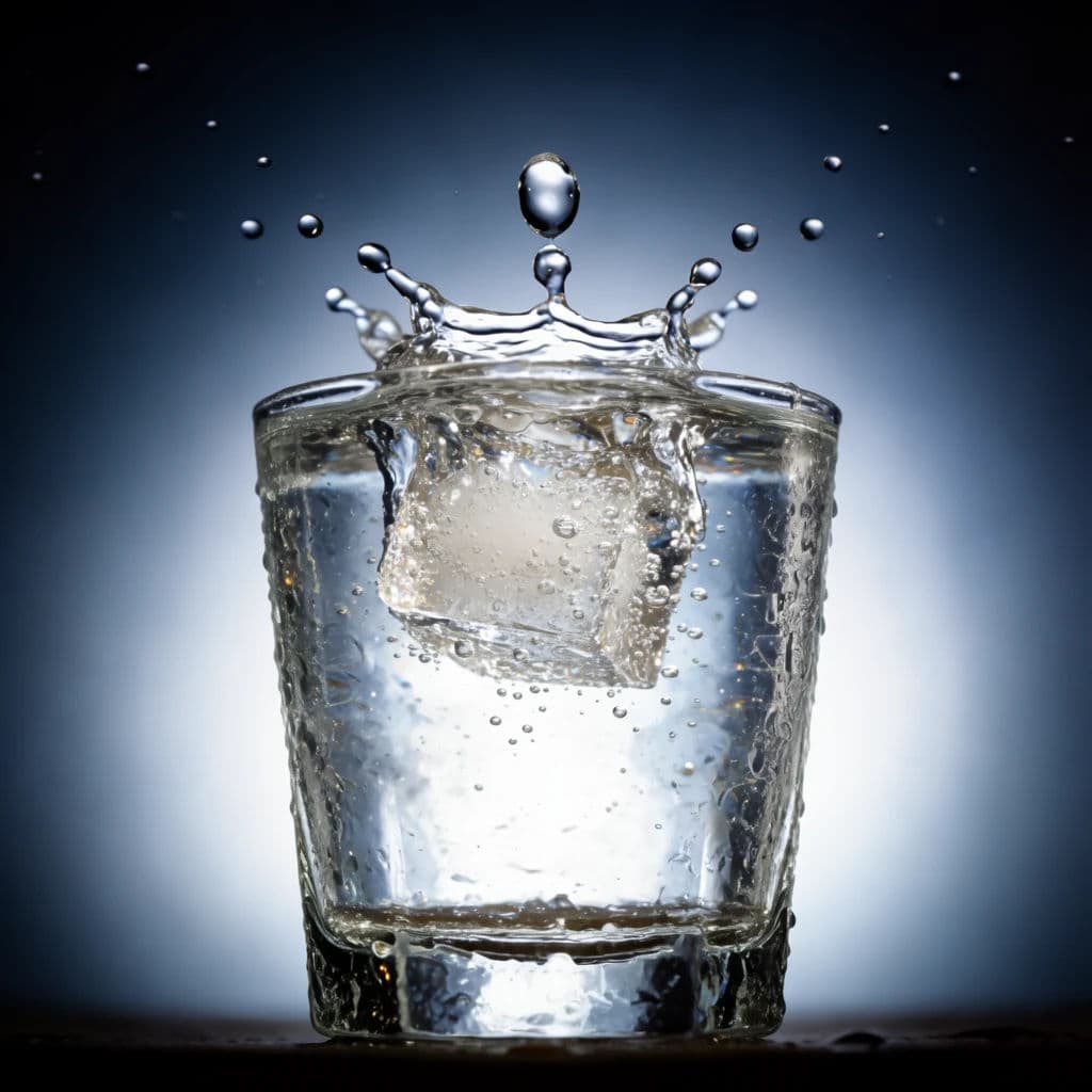 Water crown splash around a dropped ice cube in a glass tumbler, generated with Krea 2 Large