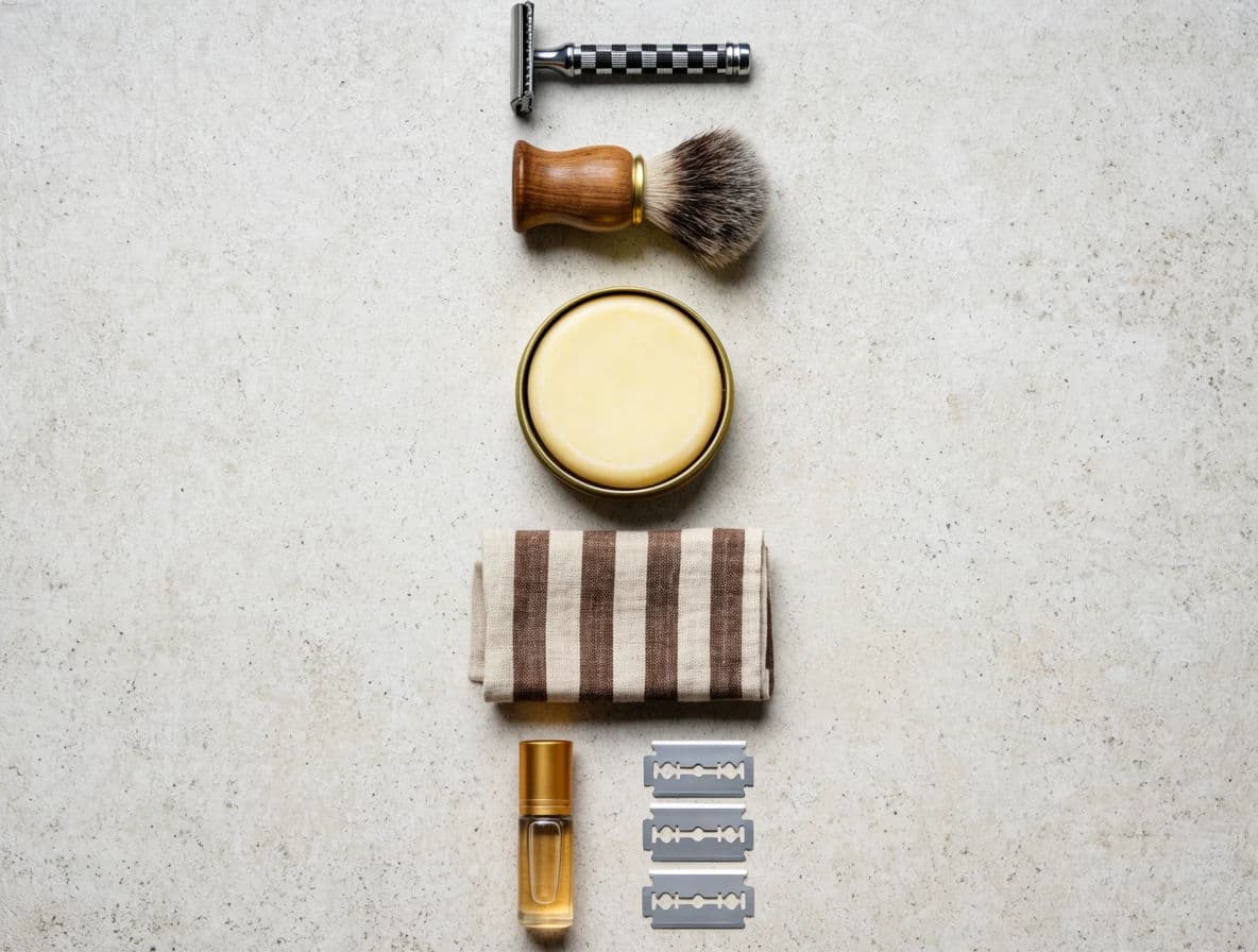 Knolled flat-lay of a shaving set aligned to a strict grid, generated with Krea 2 Large