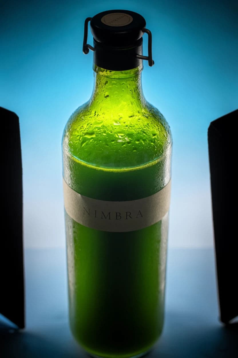 Backlit green glass bottle glowing through the liquid with a dark rim, generated with Krea 2 Large