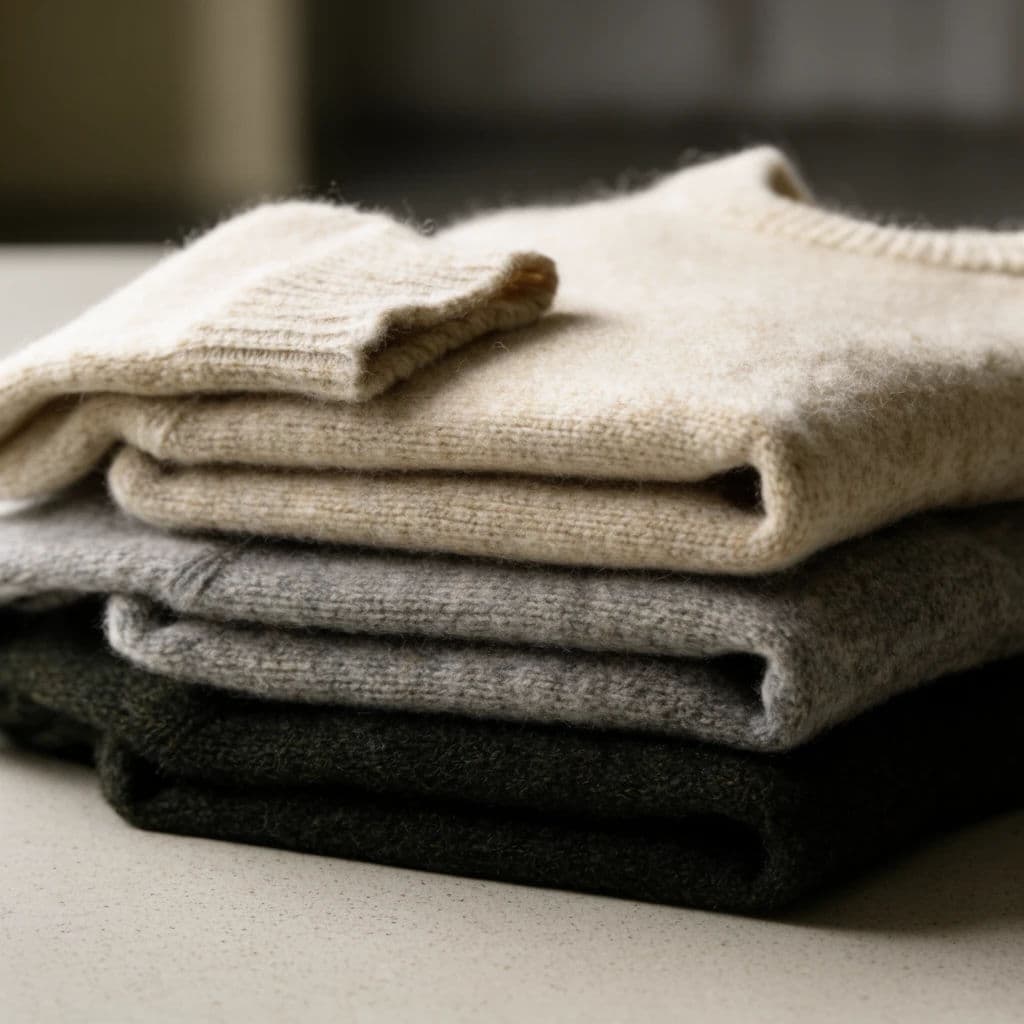 Stack of folded knitwear photographed to show loft and fibre halo, generated with Krea 2 Large