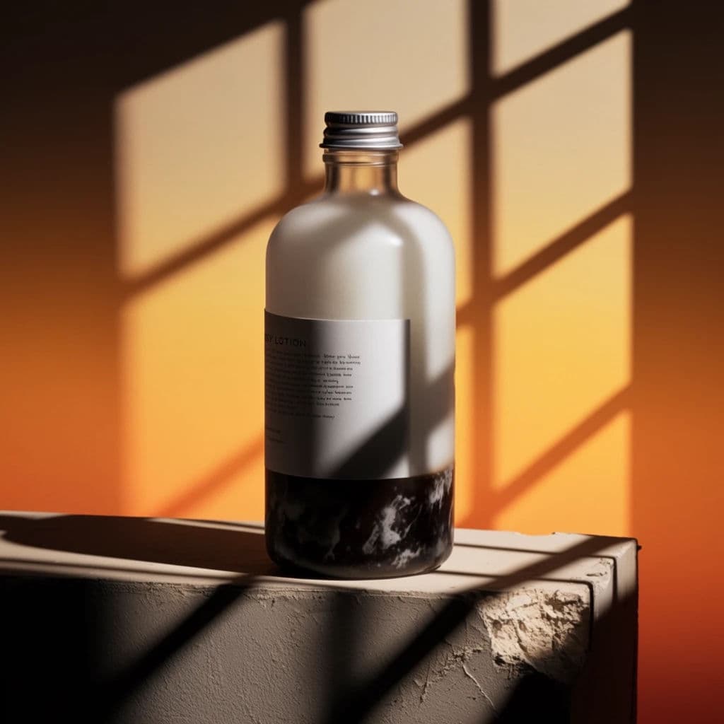 Hard sunlight through a window frame striping a bottle and its surface, generated with Krea 2 Large