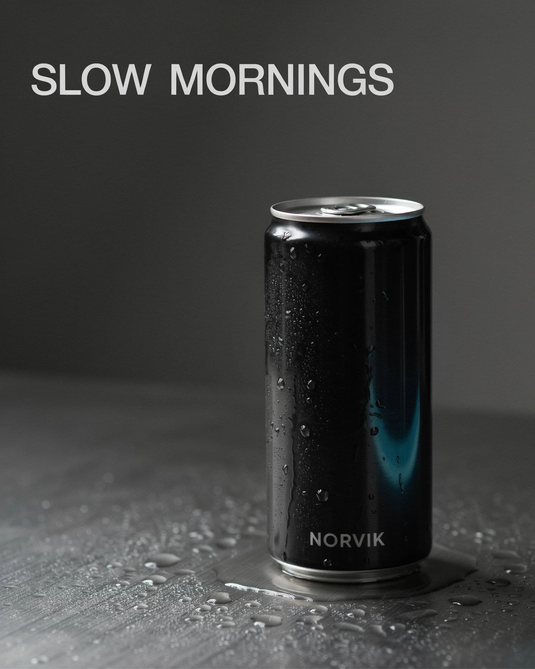 Advertising key visual of a cold brew can on wet steel with a three-word headline in the upper third, generated with Ideogram 4.0