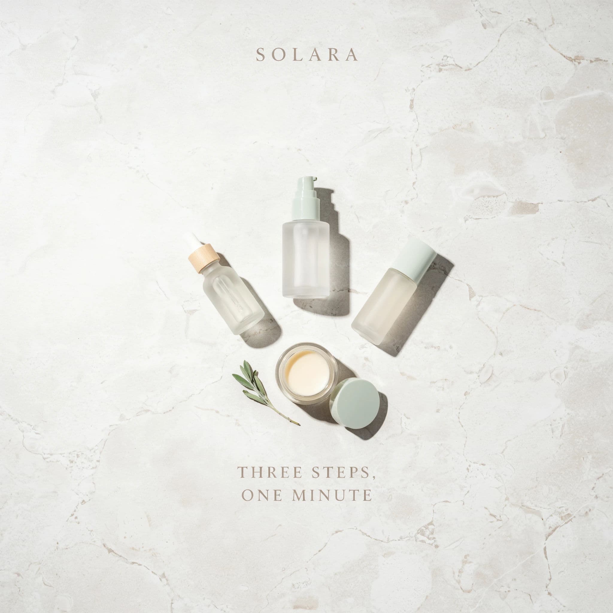 Square social advertisement with an overhead flat-lay of skincare and a short claim, generated with Ideogram 4.0