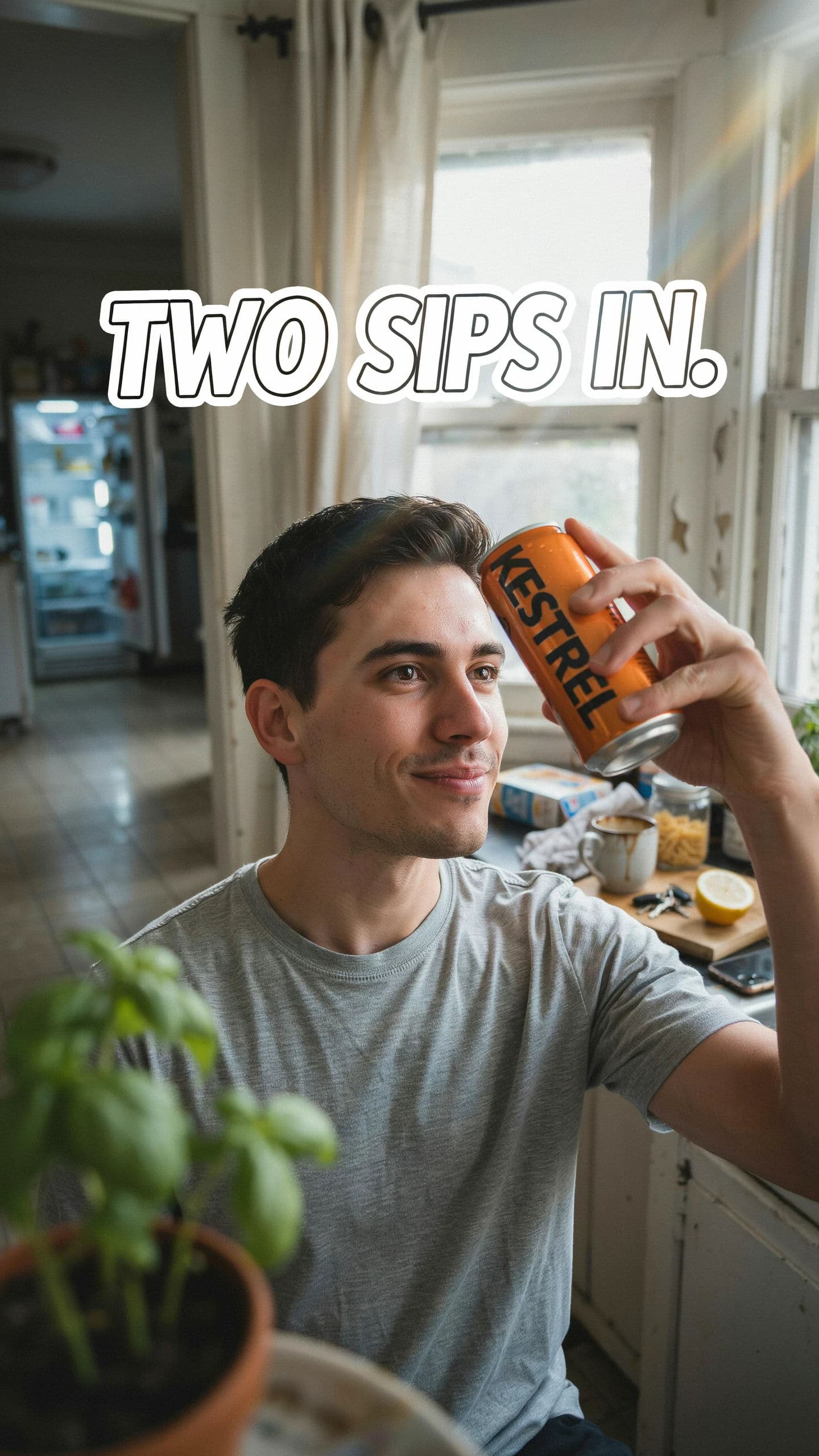 Vertical story advertisement shot on a phone with sticker-style type overlaid, generated with Ideogram 4.0