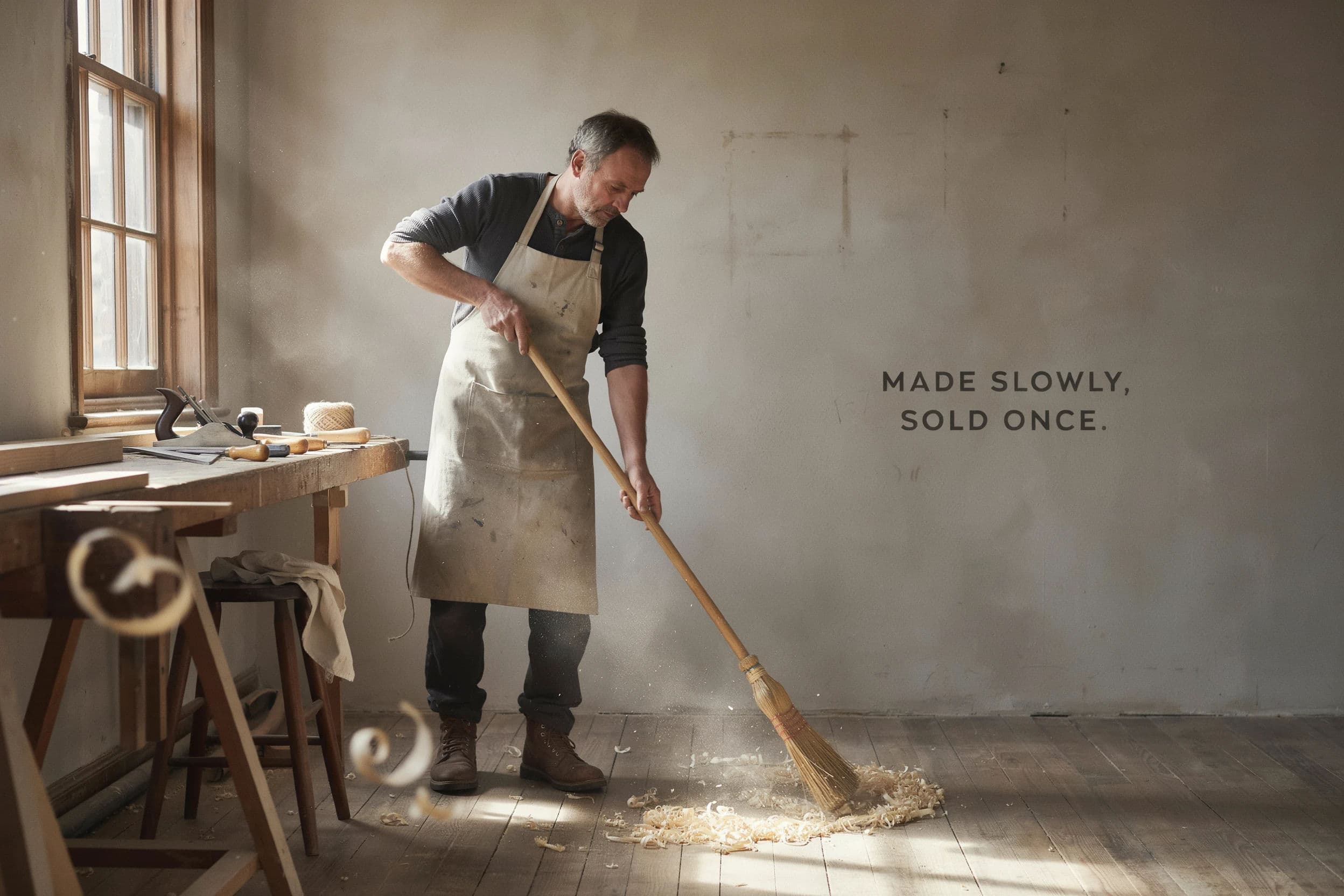 Wide brand photograph of a workshop with the headline set into the empty right side, generated with Ideogram 4.0
