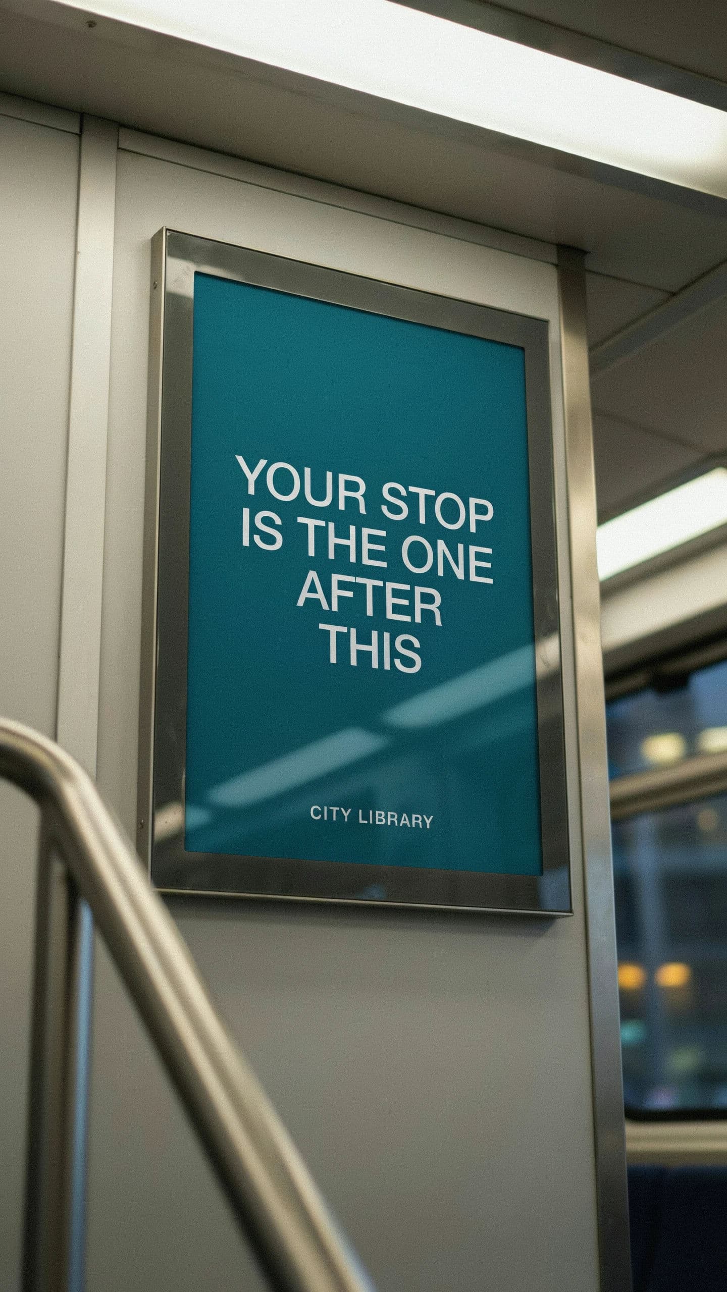Vertical transit poster read from below inside a train carriage, generated with Ideogram 4.0